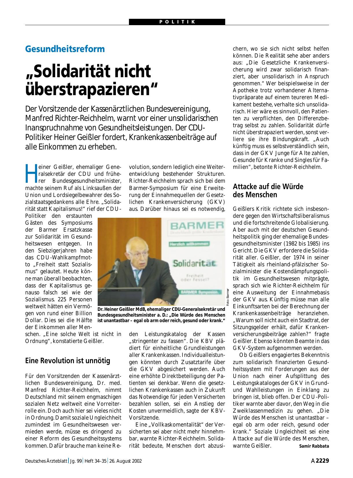 Vorschauseite 1: Gesundheitsreform: „Solidarität nicht überstrapazieren“