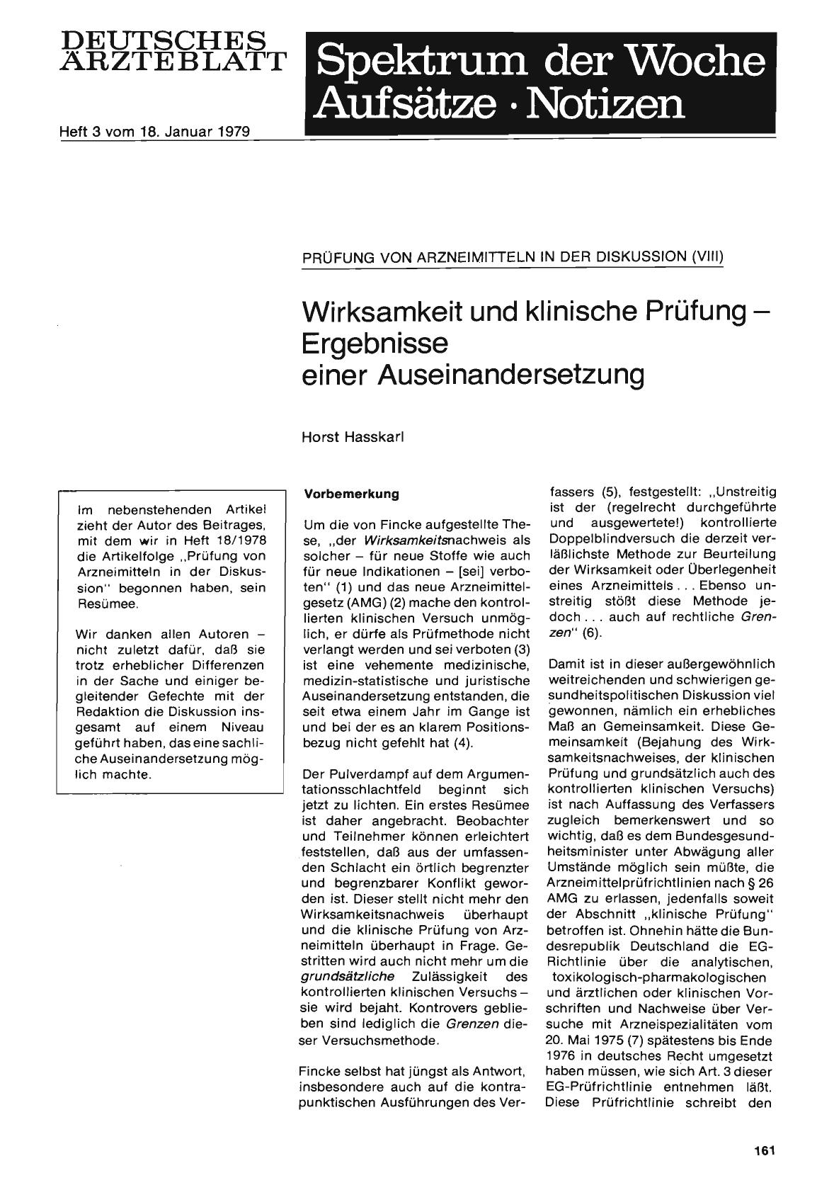 Vorschauseite 1: Prüfung von Arzneimitteln in der Diskussion (VIII): Wirksamkeit und klinische Prüfung — Ergebnisse einer Auseinandersetzung