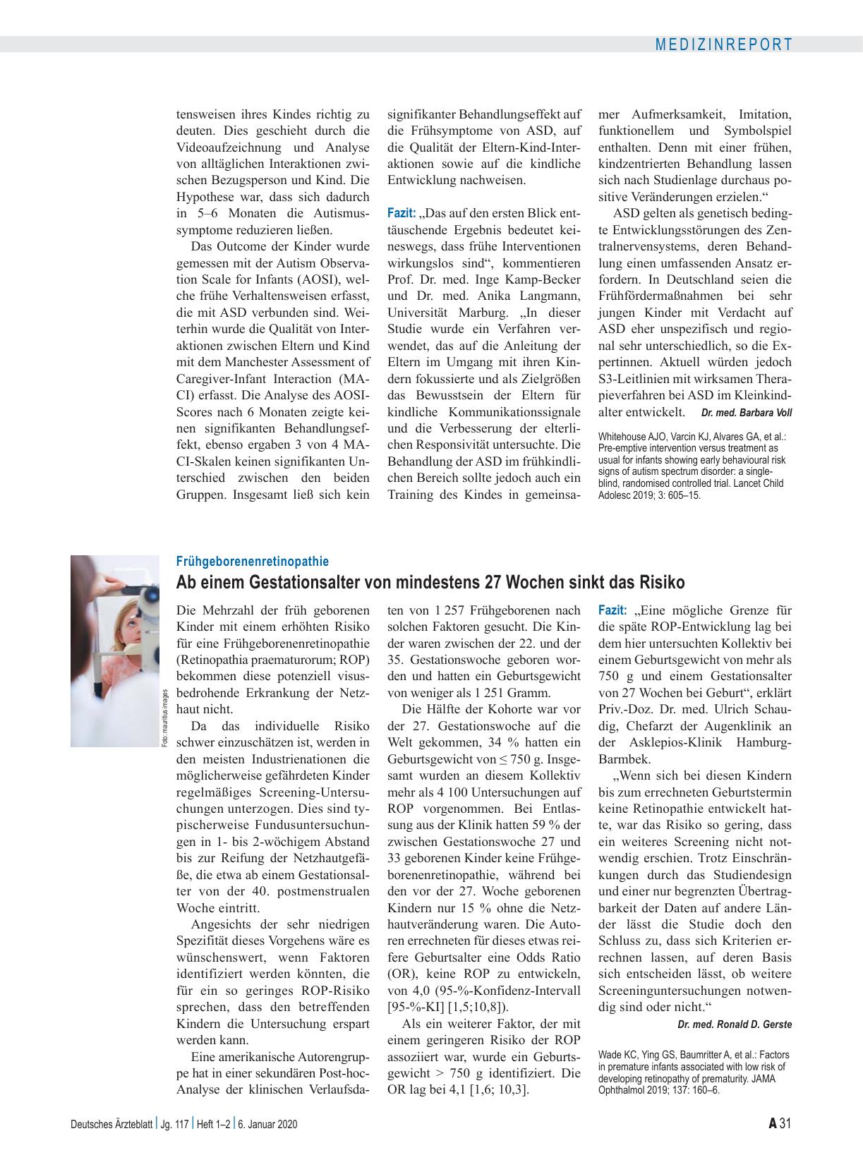 Vorschauseite 1: Frühgeborenenretinopathie: Ab einem Gestationsalter von mindestens 27 Wochen sinkt das Risiko