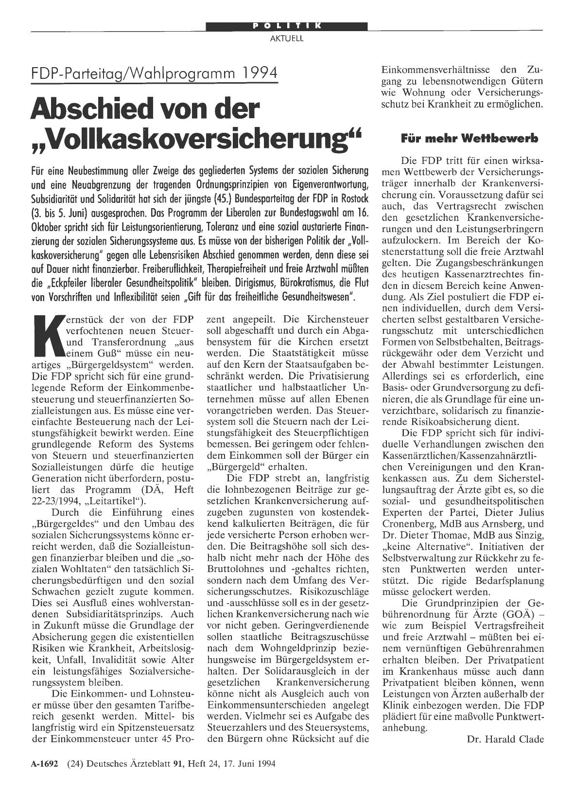 Vorschauseite 1: FDP-Parteitag/Wahlprogramm 1994: Abschied von der „Vollkaskoversicherung“