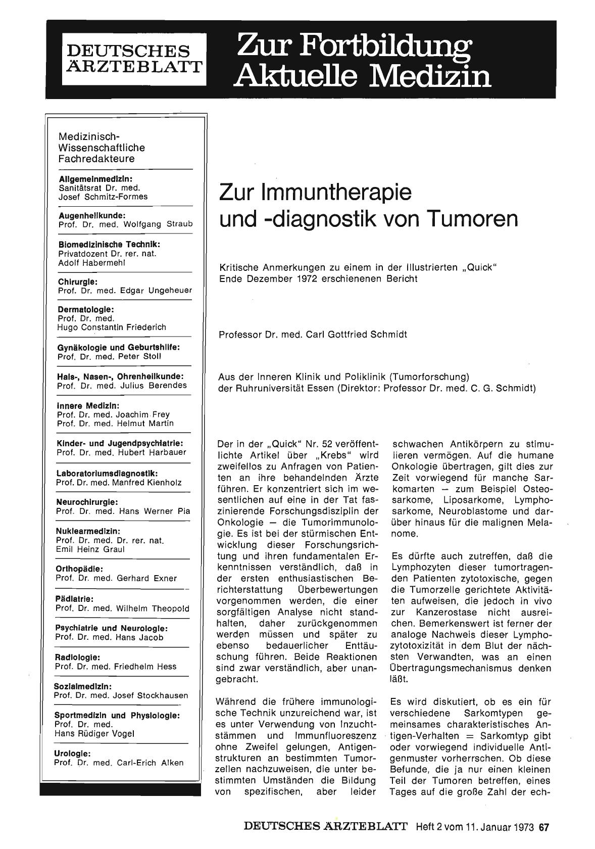 Vorschauseite 1: Zur Immuntherapie und -diagnostik von Tumoren: Kritische Anmerkungen zu einem in der Illustrierten „Quick" Ende Dezember 1972 erschienenen Bericht