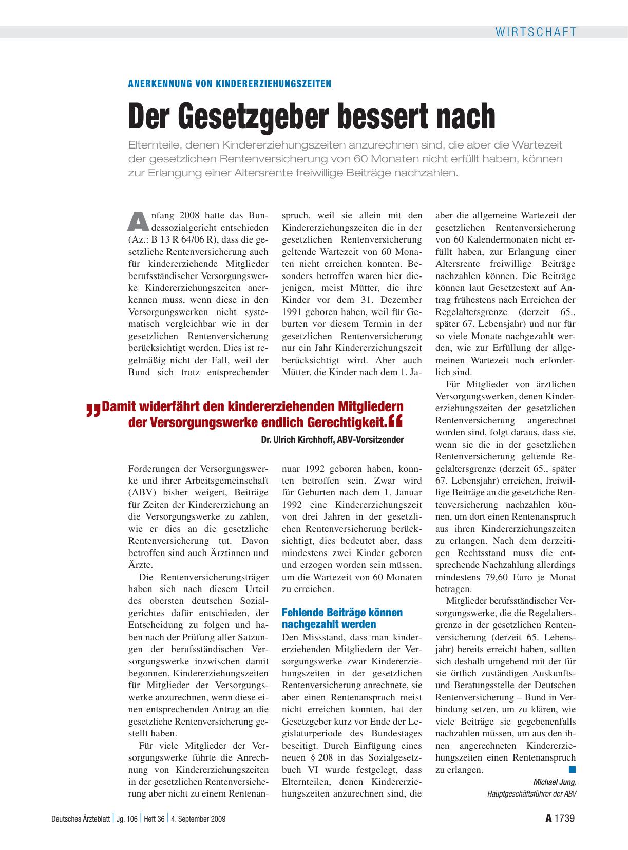 Vorschauseite 1: Anerkennung von Kindererziehungszeiten: Der Gesetzgeber bessert nach