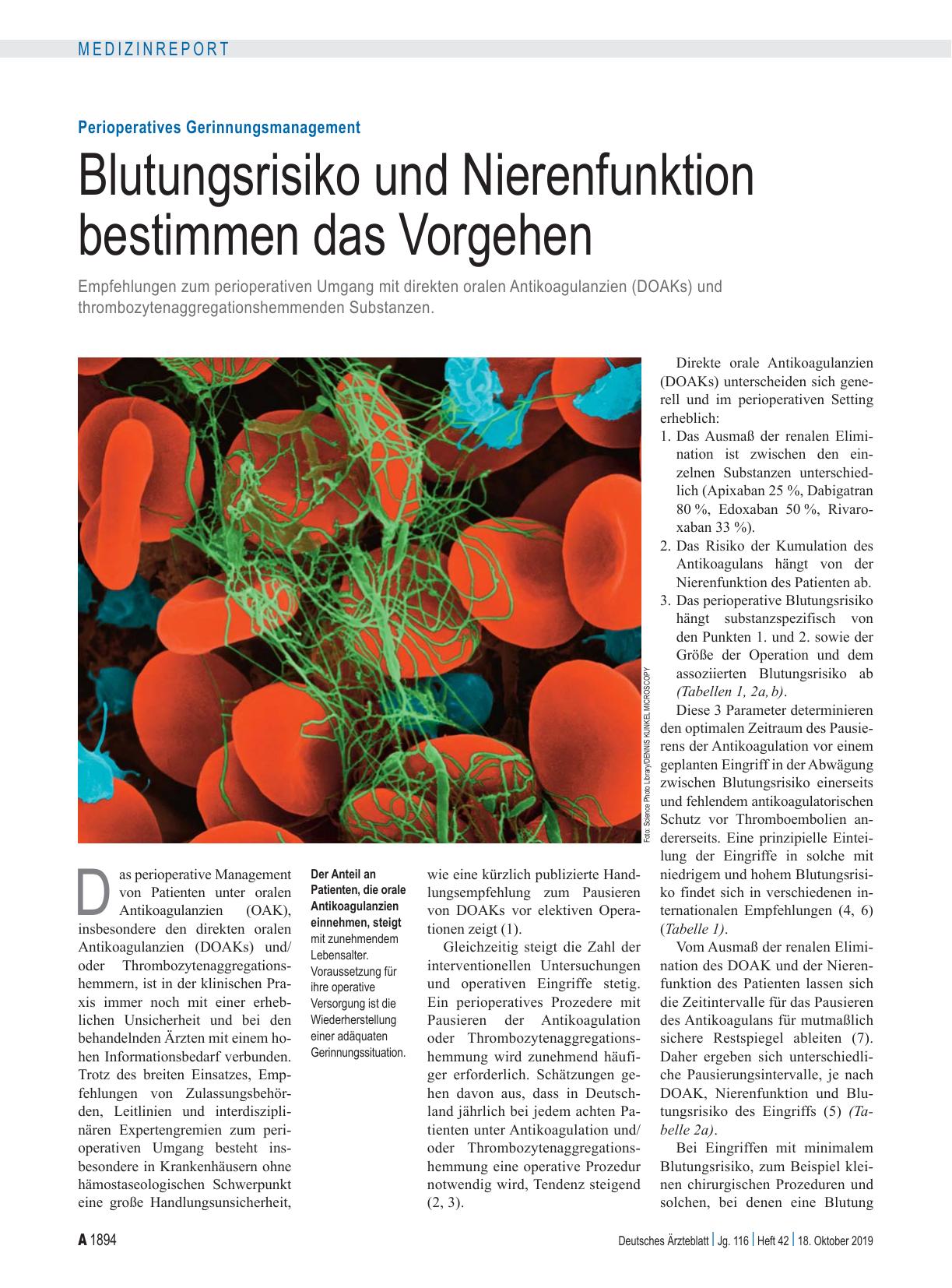 Vorschauseite 1: Perioperatives Gerinnungsmanagement: Blutungsrisiko und Nierenfunktion bestimmen das Vorgehen