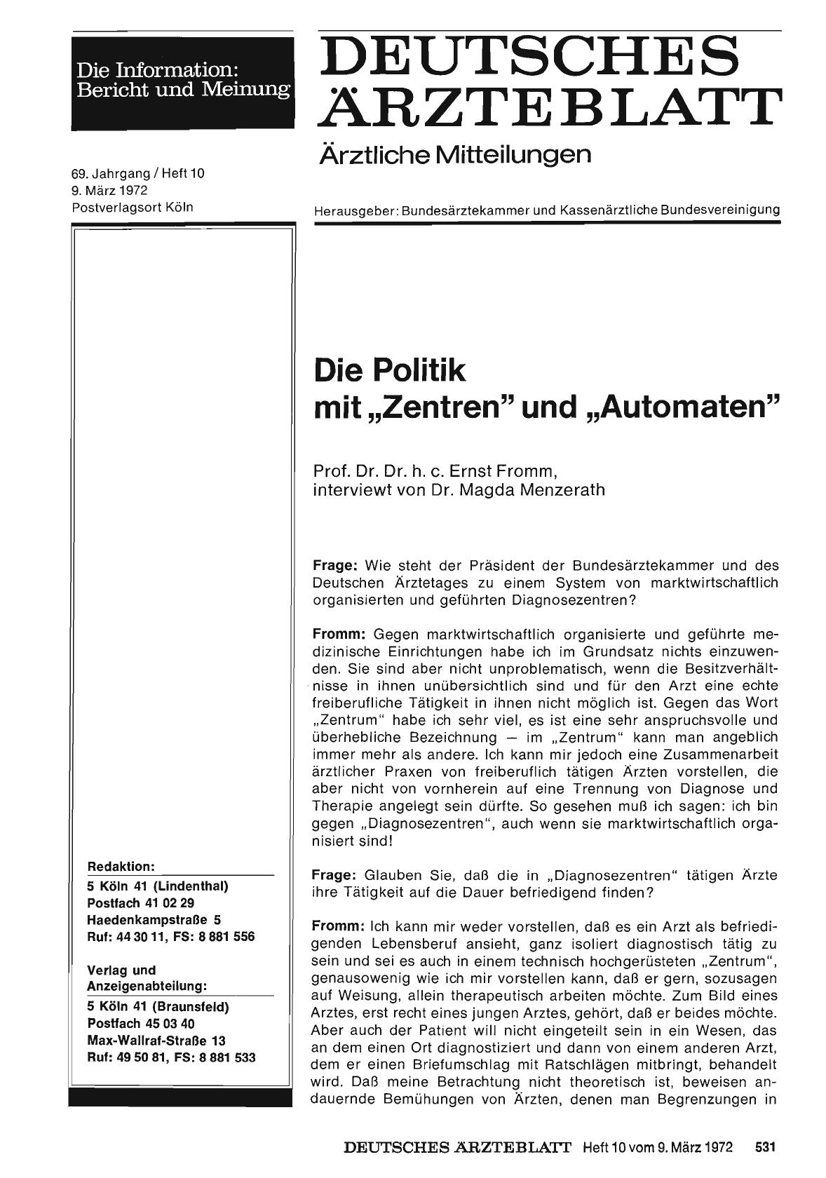 Vorschauseite 1: Die Politik mit „Zentren" und „Automaten": Prof. Dr. Dr. h. c. Ernst Fromm, interviewt von Dr. Magda Menzerath