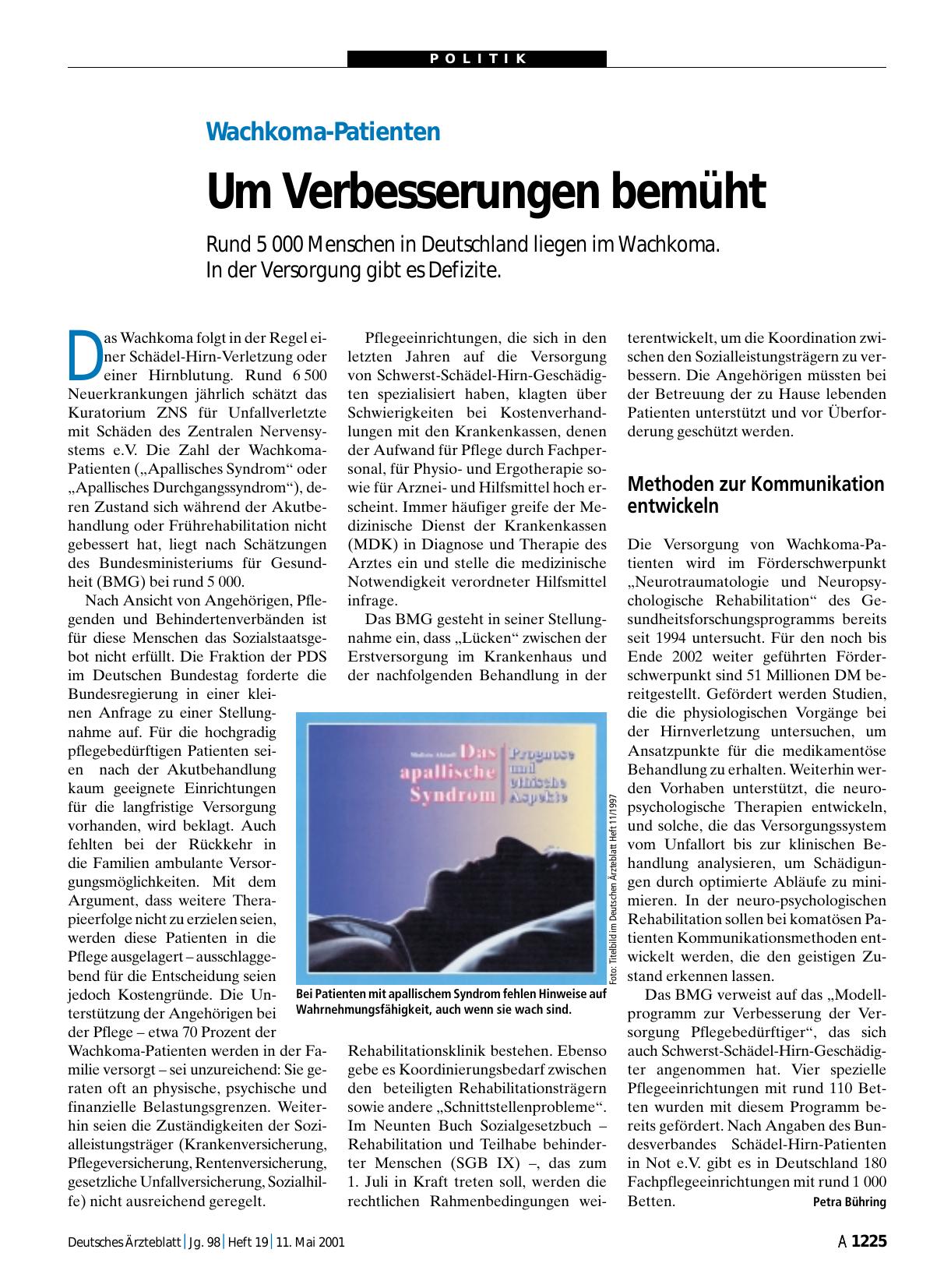 Vorschauseite 1: Wachkoma-Patienten: Um Verbesserungen bemüht
