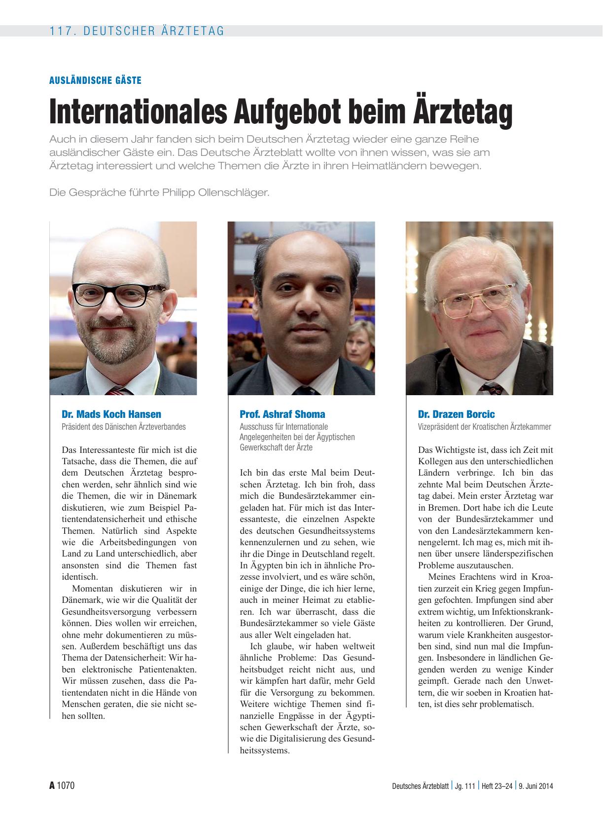 Vorschauseite 1: Ausländische Gäste: Internationales Aufgebot beim Ärztetag