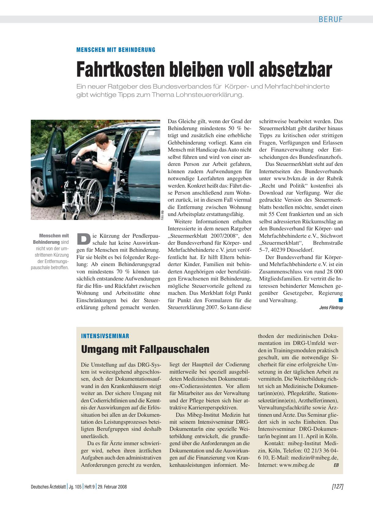 Vorschauseite 1: Menschen mit Behinderung: Fahrtkosten bleiben voll absetzbar