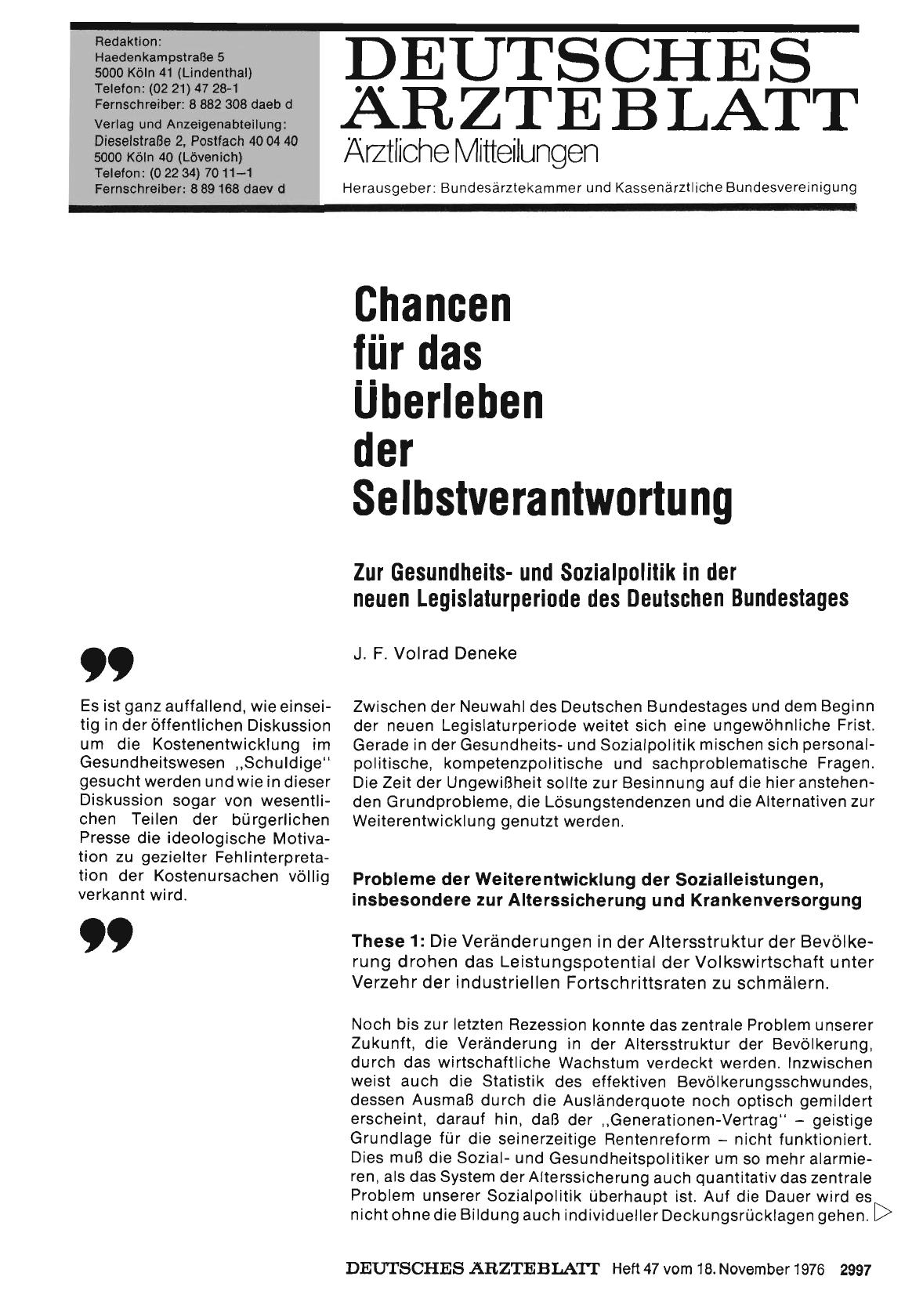 Vorschauseite 1: Chancen für das überleben der Selbstverantwortung: Zur Gesundheitsund Sozialpolitik in der neuen Legislaturperiode des Deutschen Bundestages
