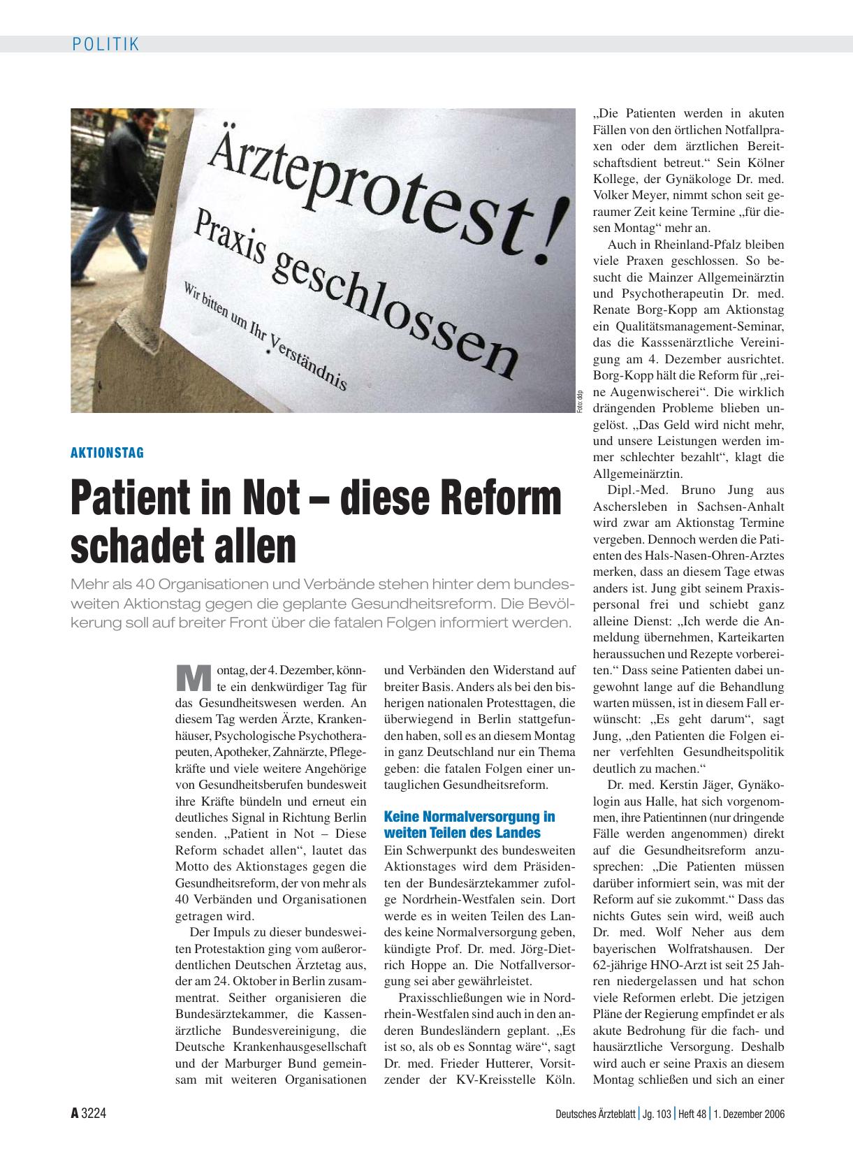 Vorschauseite 1: Aktionstag: Patient in Not – diese Reform schadet allen