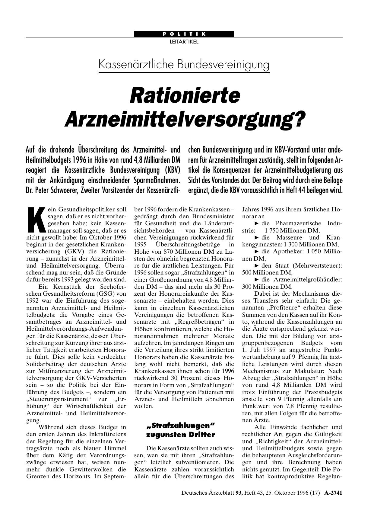 Vorschauseite 1: Kassenärztliche Bundesvereinigung: Rationierte Arzneimittelversorgung?