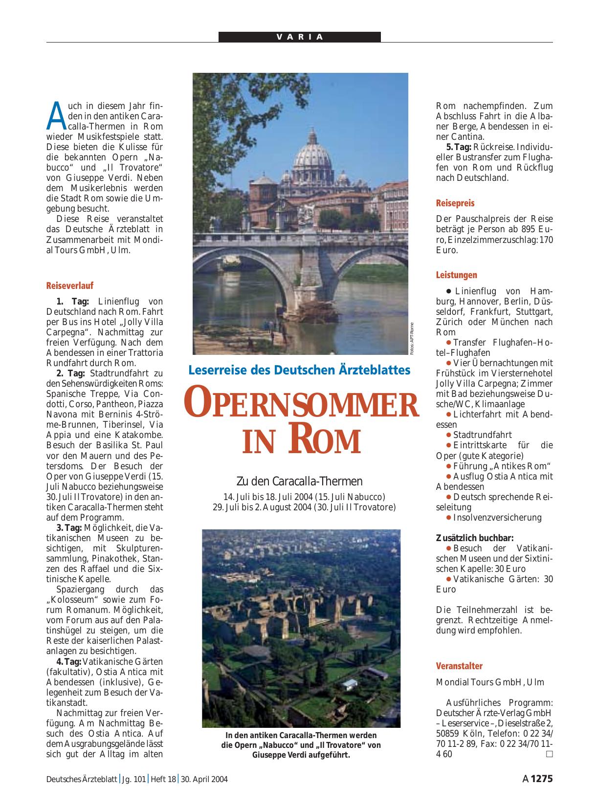 Vorschauseite 1: Leserreise des Deutschen Ärzteblattes: Opernsommer in Rom