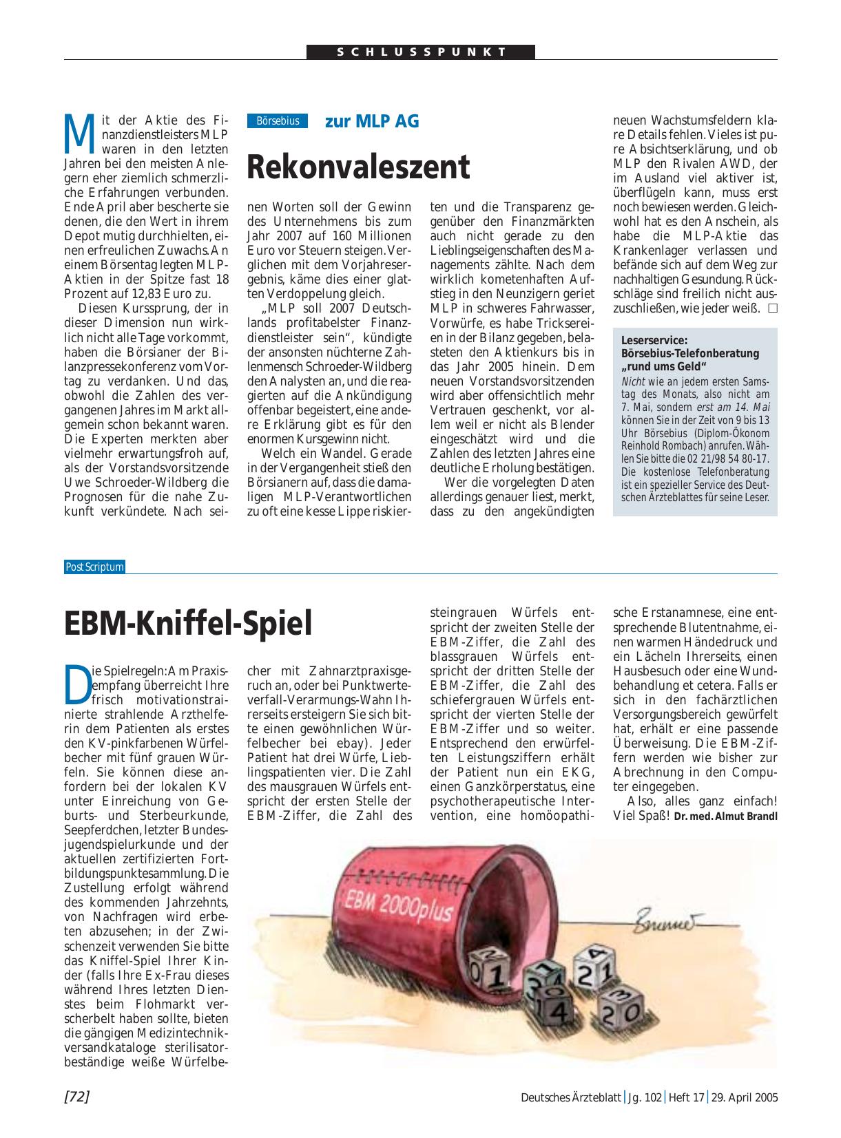 Vorschauseite 1: Leserservice: Börsebius-Telefonberatung „rund ums Geld“