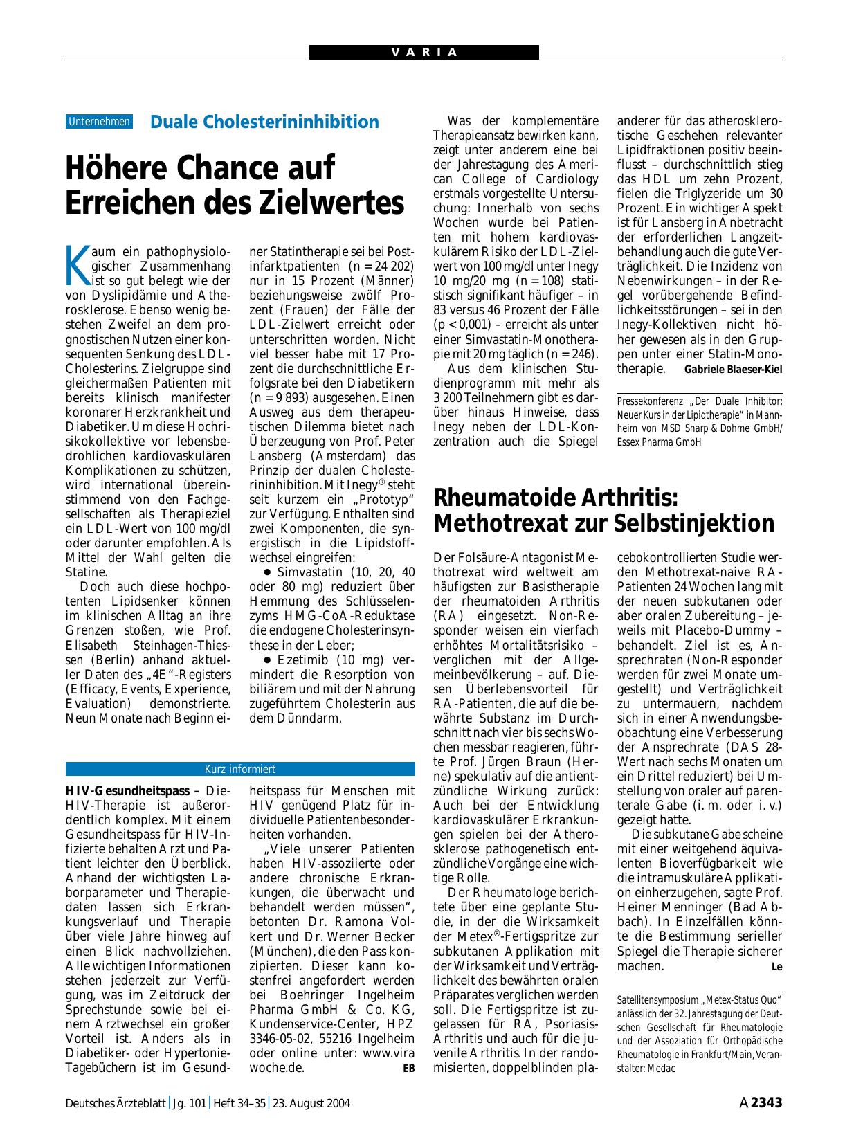 Vorschauseite 1: Rheumatoide Arthritis: Methotrexat zur Selbstinjektion