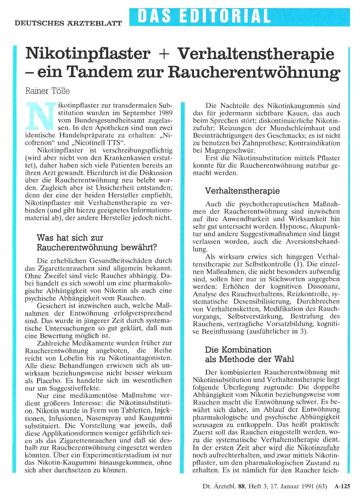 Vorschauseite 1: Nikotinpflaster + Verhaltenstherapie - ein Tandem zur Raucherentwöhnung