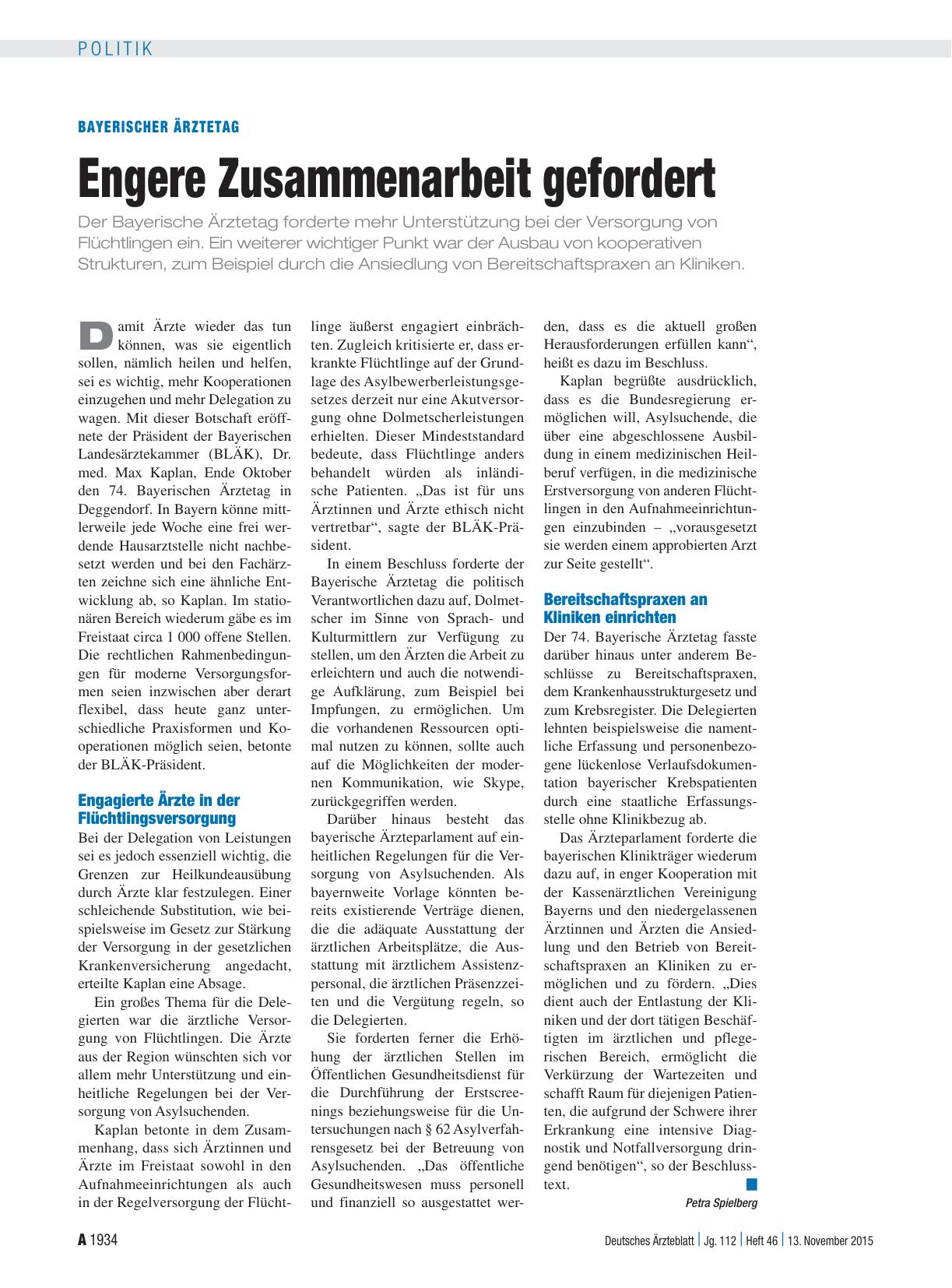 Vorschauseite 1: Bayerischer Ärztetag: Engere Zusammenarbeit gefordert