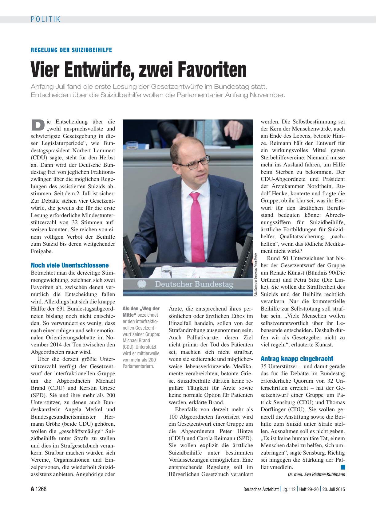 Vorschauseite 1: Regelung der Suizidbeihilfe: Vier Entwürfe, zwei Favoriten