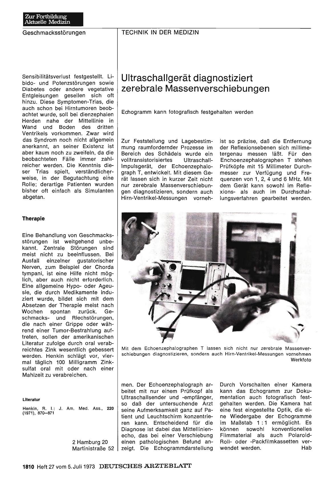 Vorschauseite 1: Ultraschallgerät diagnostiziert zerebrale Massenverschiebungen: Echogramm kann fotografisch festgehalten werden