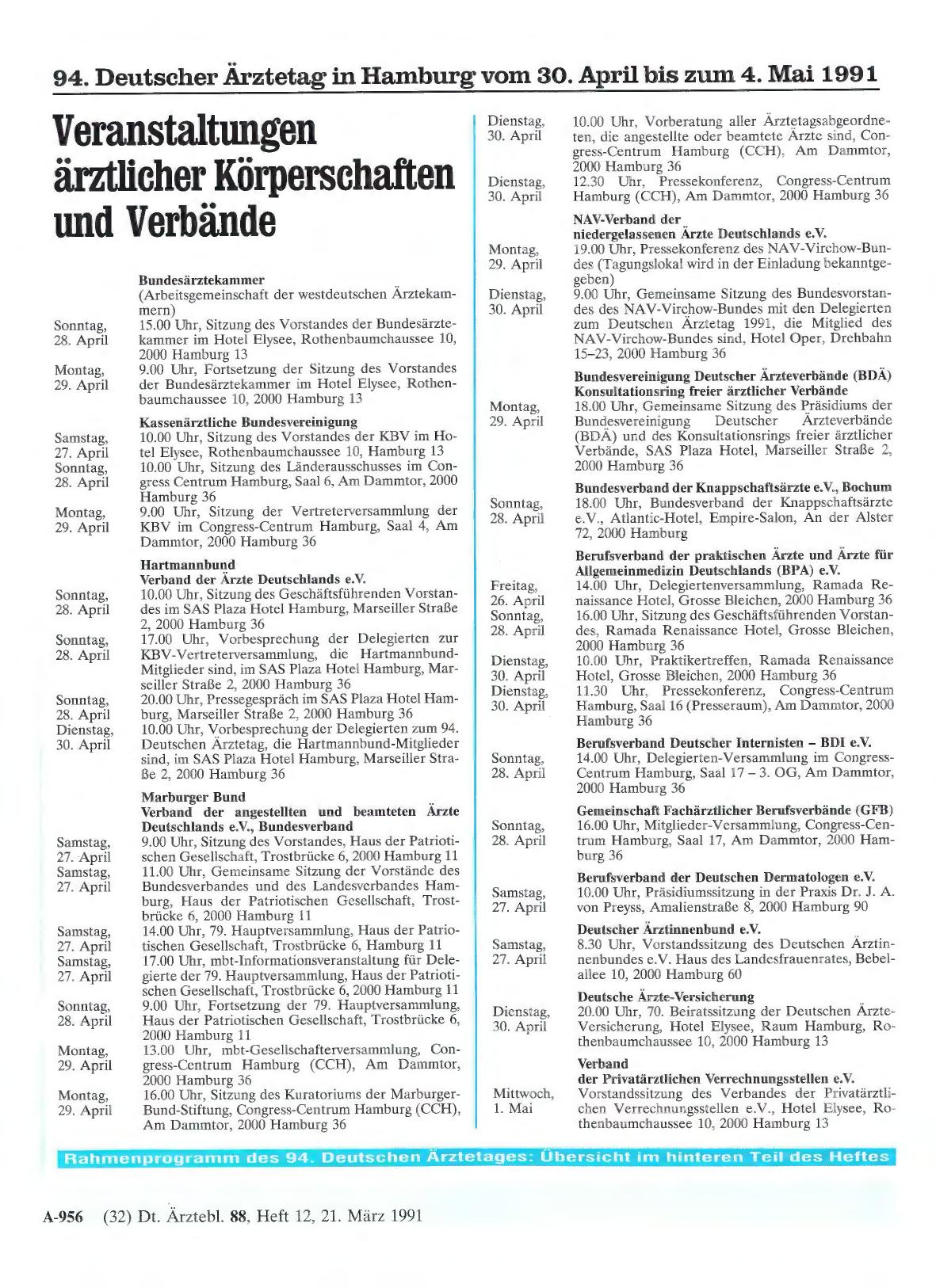 Vorschauseite 1: 94. Deutscher Ärztetag in Hamburg vom 30. April bis zum 4. Mai 1991: Veranstaltungen ärztlicher Körperschaften und Verbände