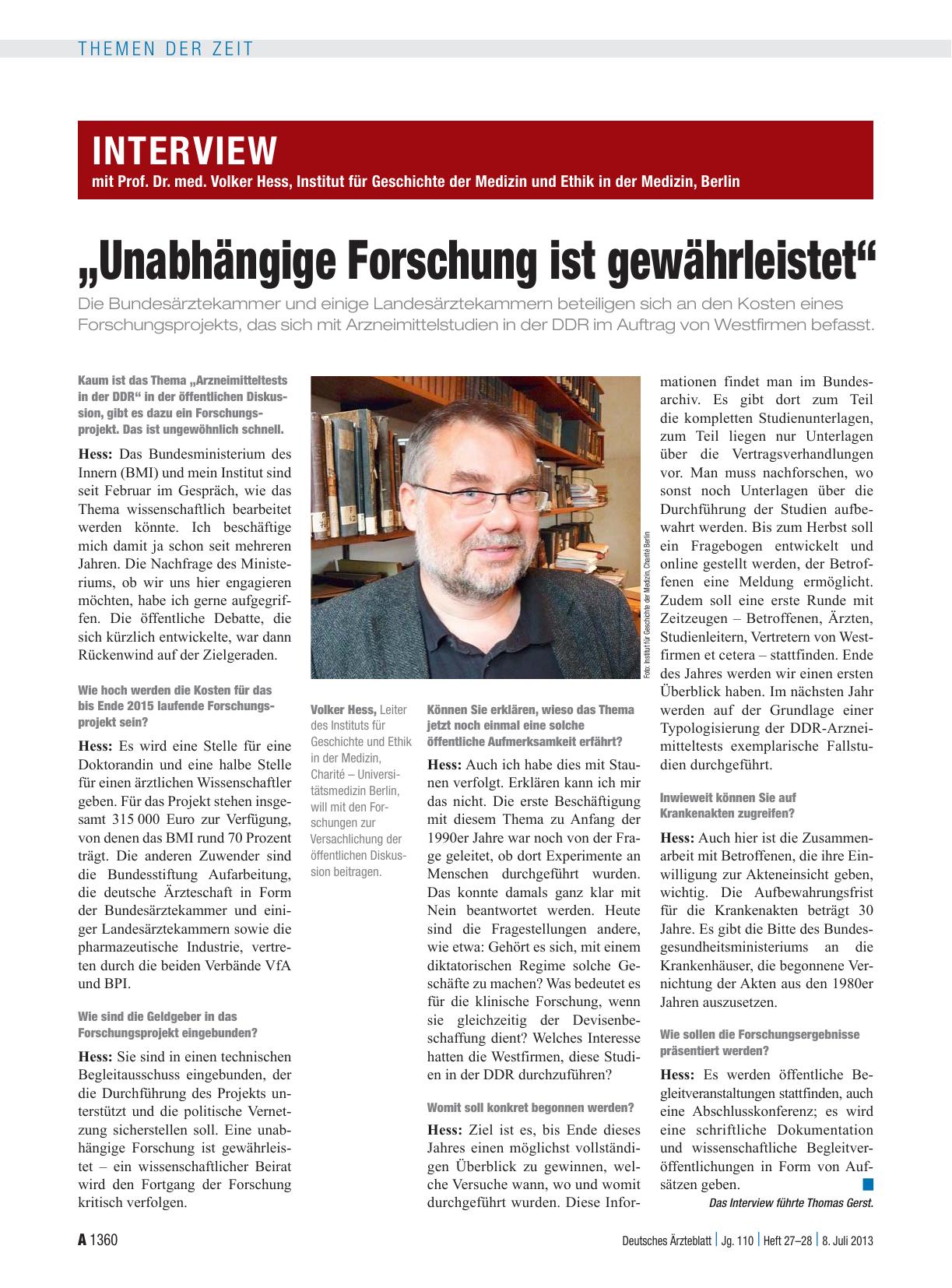 Vorschauseite 1: Interview mit Prof. Dr. med. Volker Hess, Institut für Geschichte der Medizin und Ethik in der Medizin, Berlin: „Unabhängige Forschung ist gewährleistet“