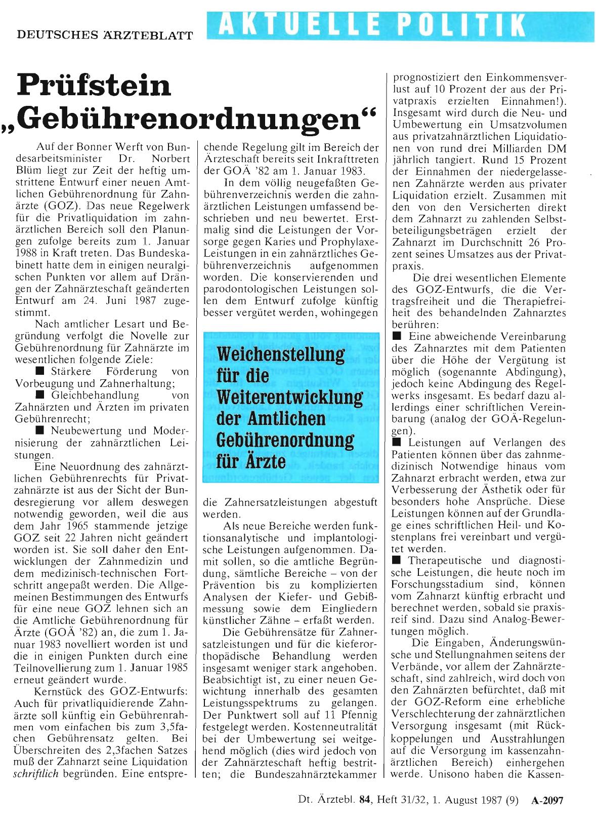Vorschauseite 1: Prüfstein „Gebührenordnungen“ - Weichenstellung für die Weiterentwicklung der Amtlichen Gebührenordnung für Ärzte