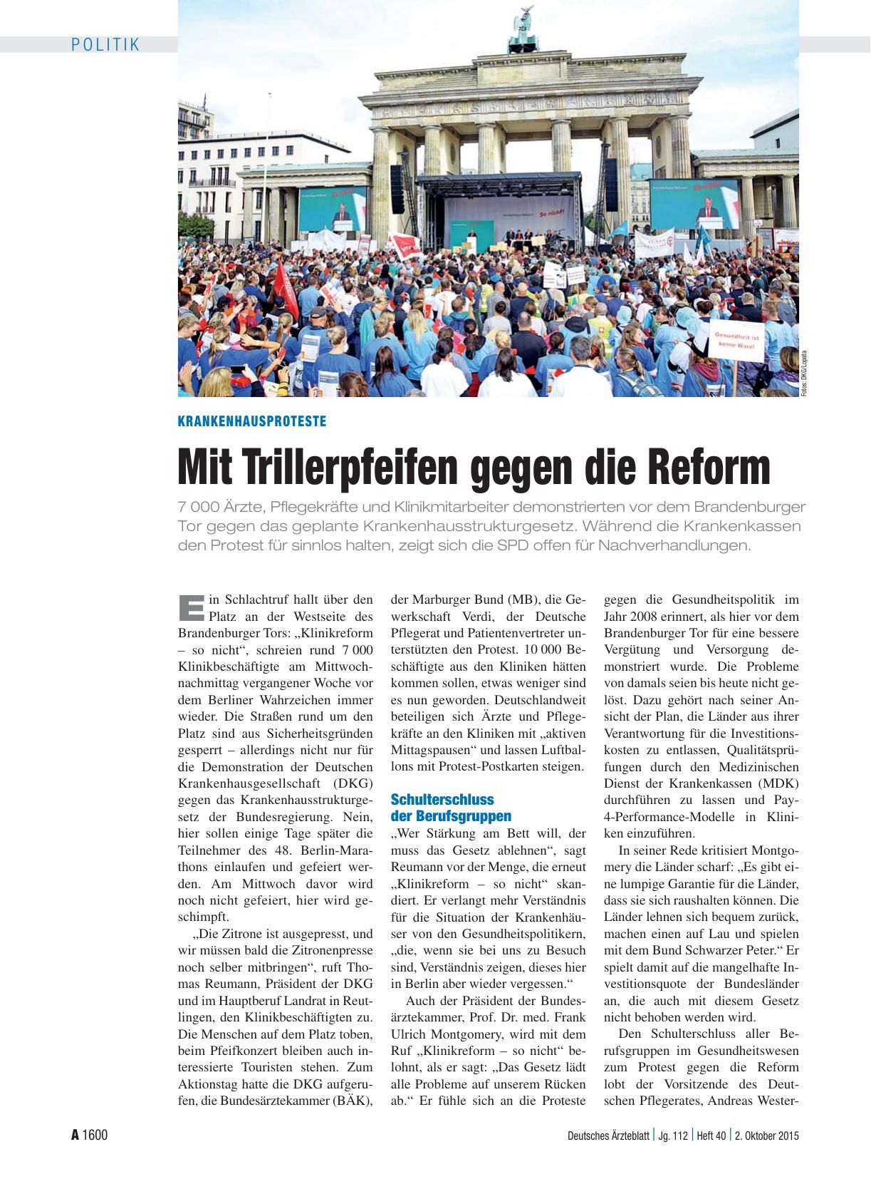 Vorschauseite 1: Krankenhausproteste: Mit Trillerpfeifen gegen die Reform