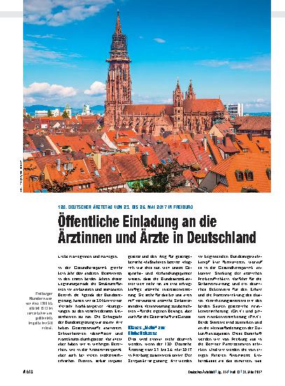 Vorschauseite 1: 120. Deutscher Ärztetag vom 23. bis 26. Mai 2017 in Freiburg: Öffentliche Einladung an die Ärztinnen und Ärzte in Deutschland