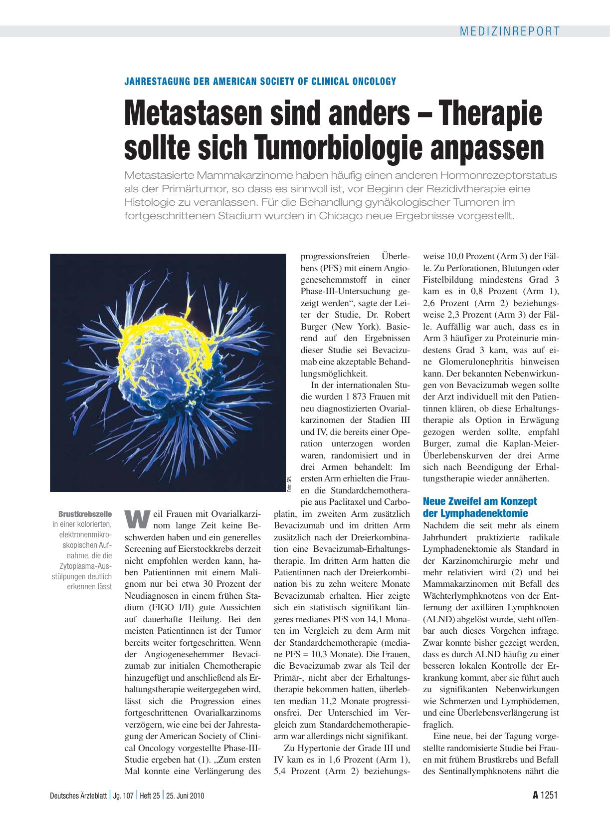 Vorschauseite 1: Jahrestagung der American Society of Clinical Oncology: Metastasen sind anders – Therapie sollte sich Tumorbiologie anpassen