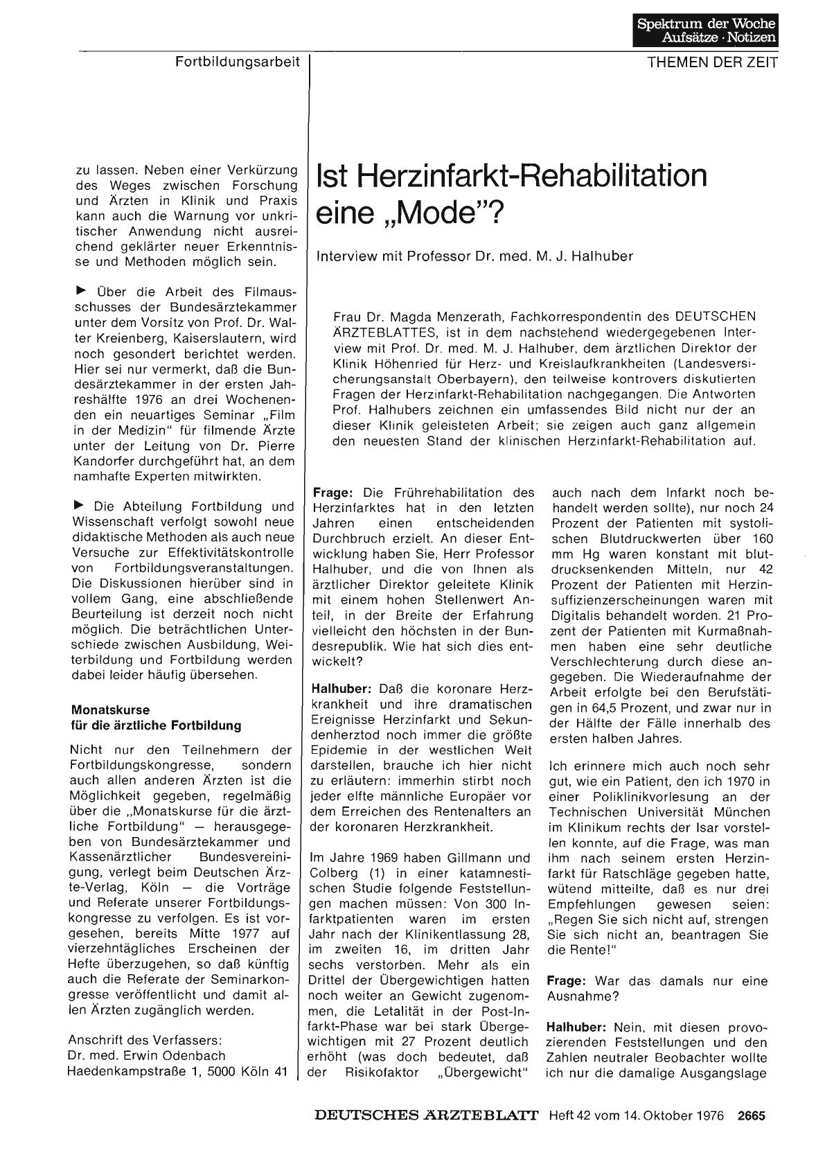 Vorschauseite 1: Ist Herzinfarkt-Rehabilitation eine „Mode“? : Interview mit Professor Dr. med. M. J. Halhuber