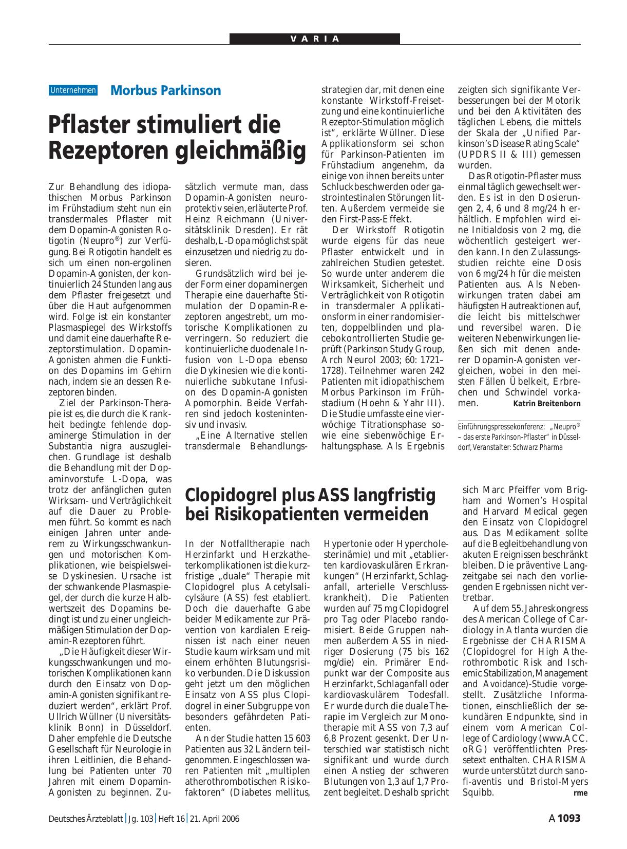Vorschauseite 1: Morbus Parkinson: Pflaster stimuliert die Rezeptoren gleichmäßig