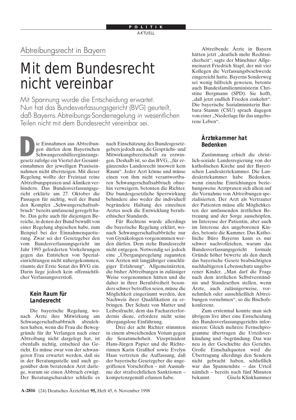 Vorschauseite 1: Abtreibungsrecht in Bayern: Mit dem Bundesrecht nicht vereinbar