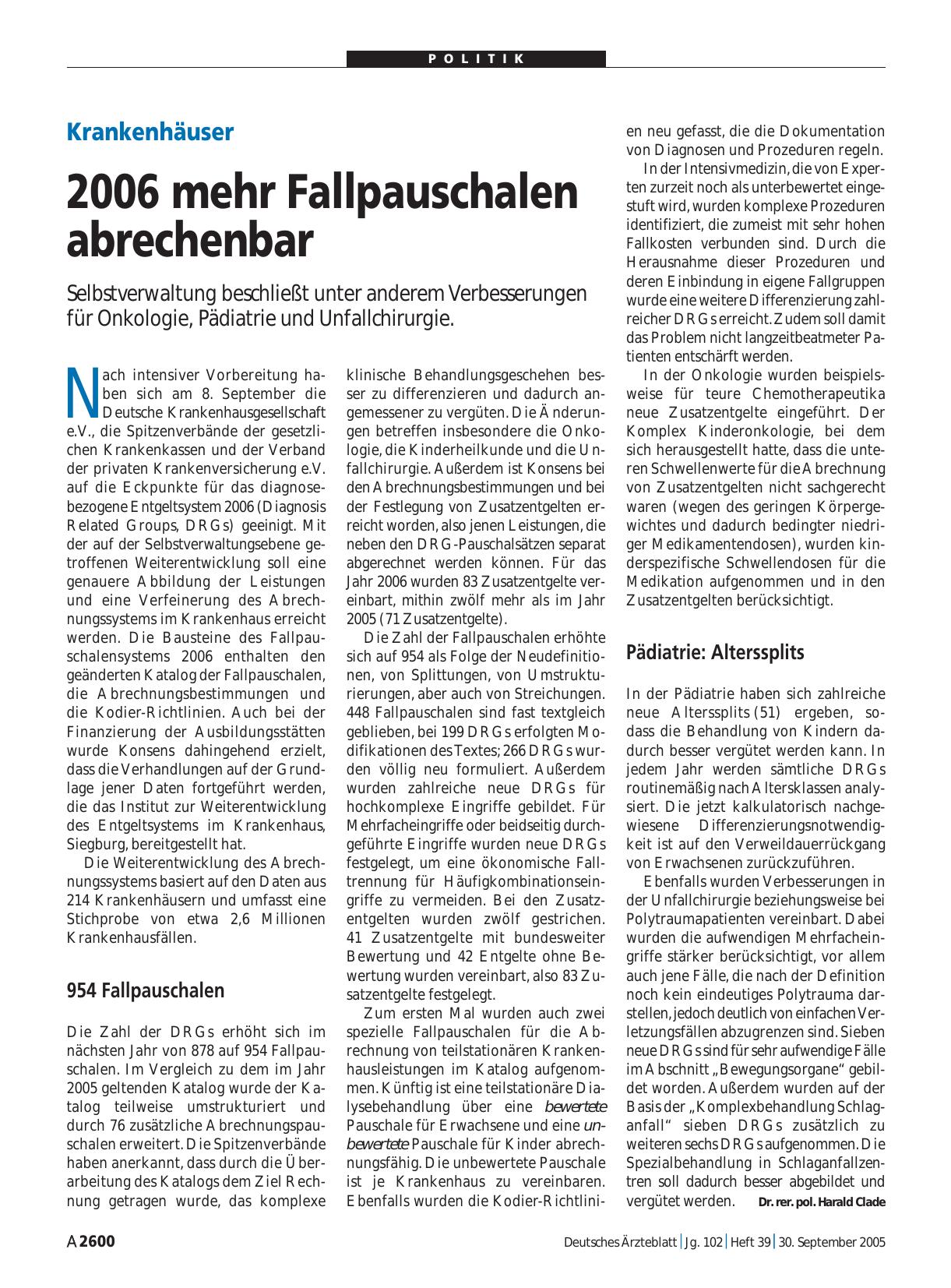 Vorschauseite 1: Krankenhäuser: 2006 mehr Fallpauschalen abrechenbar