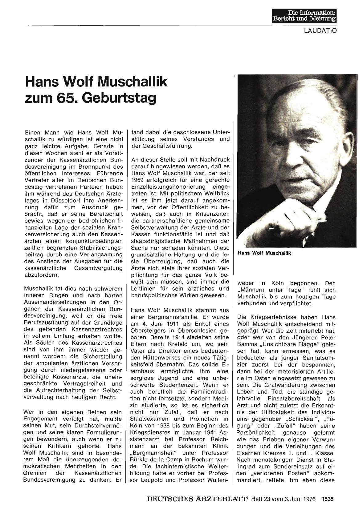 Vorschauseite 1: Hans Wolf Muschallik zum 65. Geburtstag