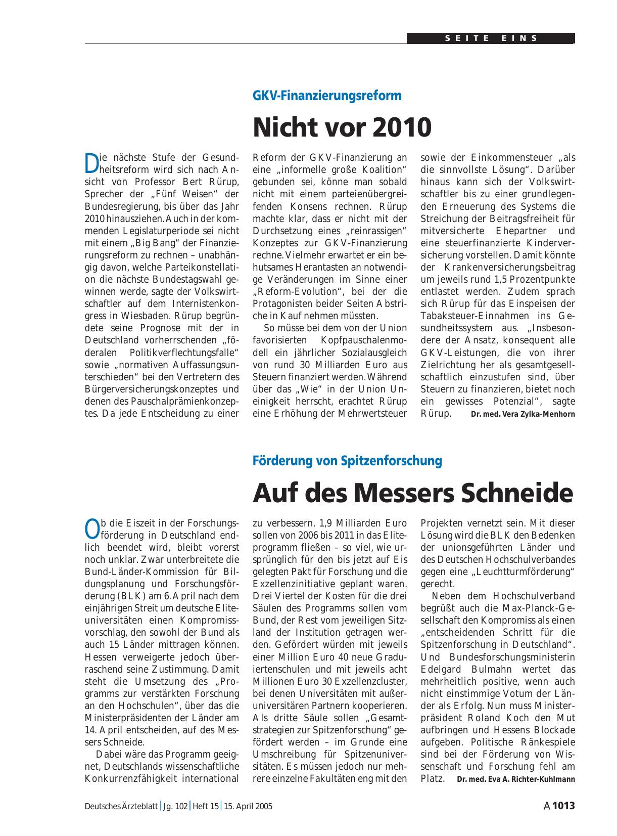 Vorschauseite 1: GKV-Finanzierungsreform: Nicht vor 2010