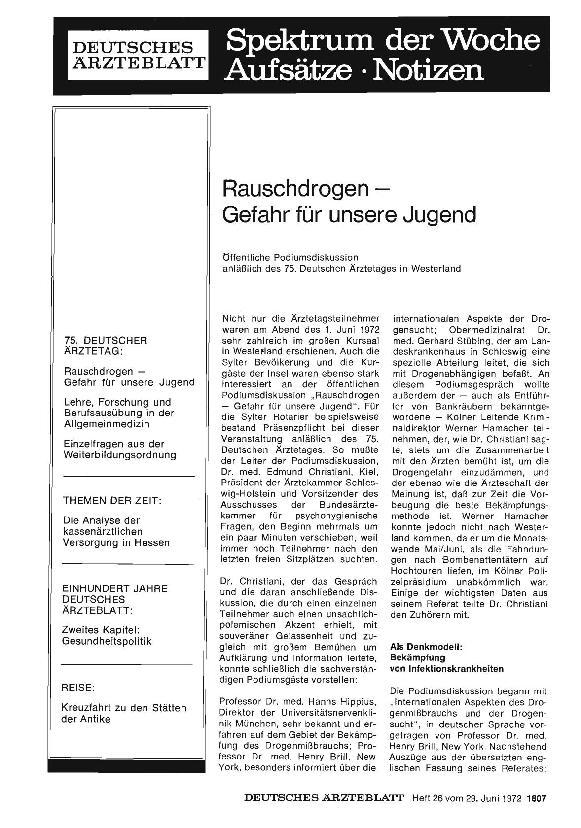 Vorschauseite 1: Rauschdrogen — Gefahr für unsere Jugend: öffentliche Podiumsdiskussion anläßlich des 75. Deutschen Ärztetages in Westerland (1)