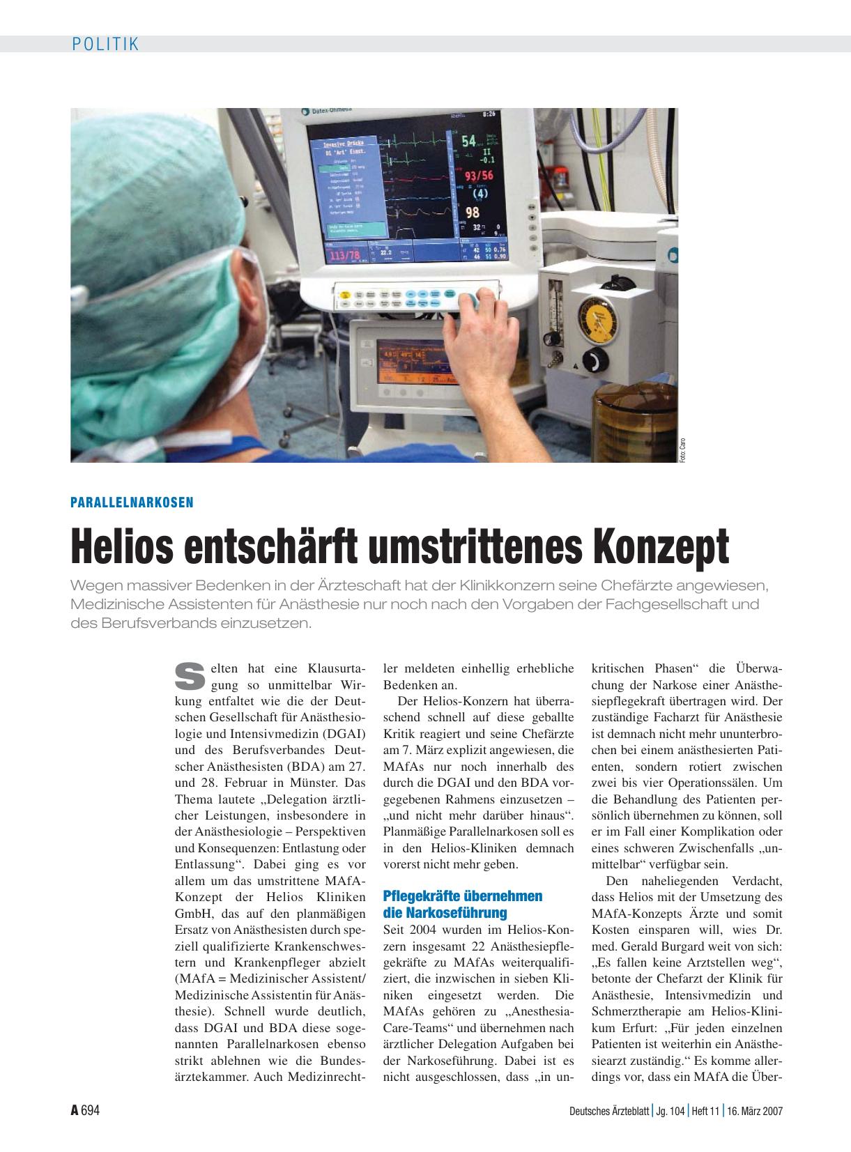 Vorschauseite 1: Parallelnarkosen: Helios entschärft umstrittenes Konzept