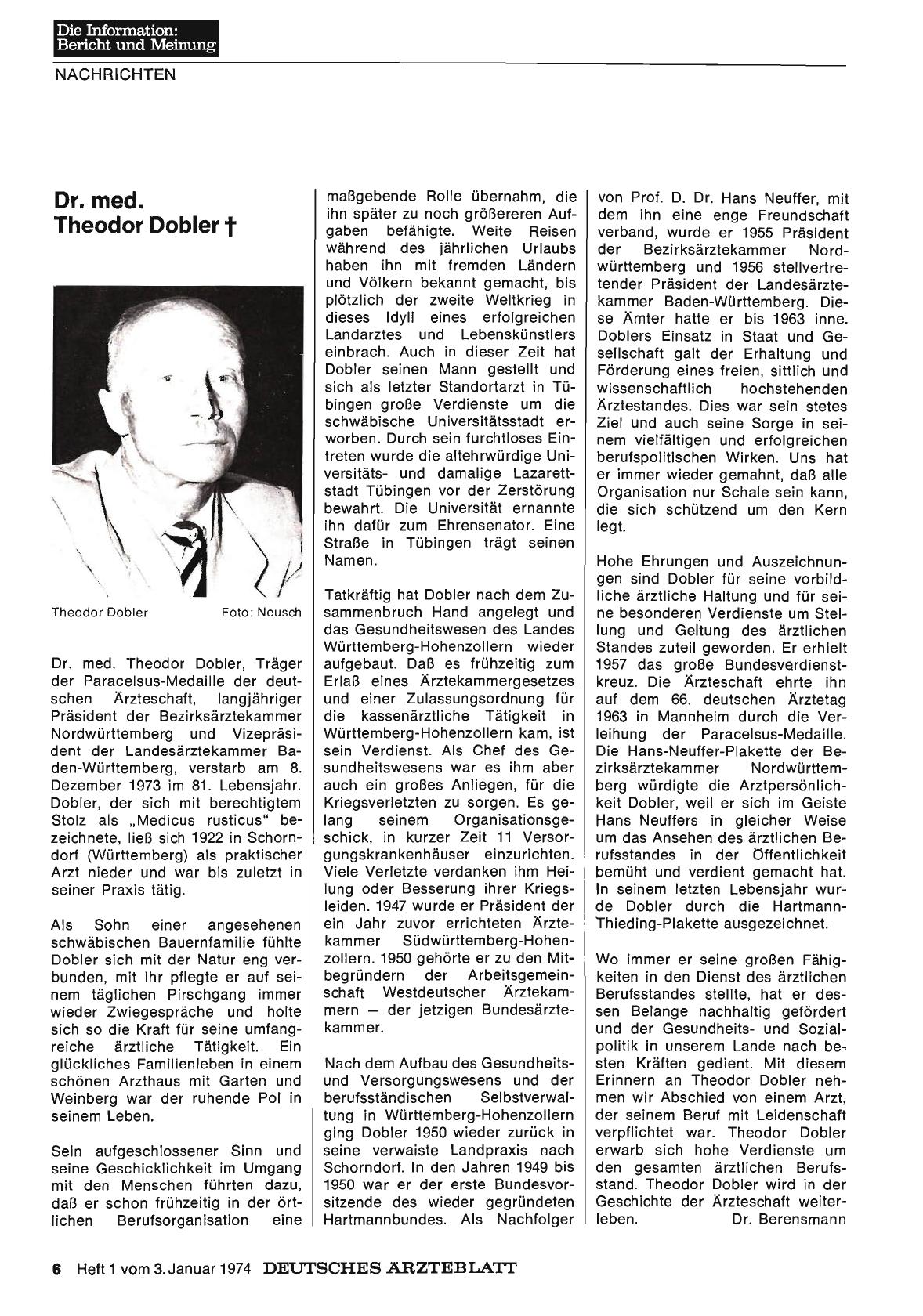 Vorschauseite 1: Dr. med. Theodor Dobler †
