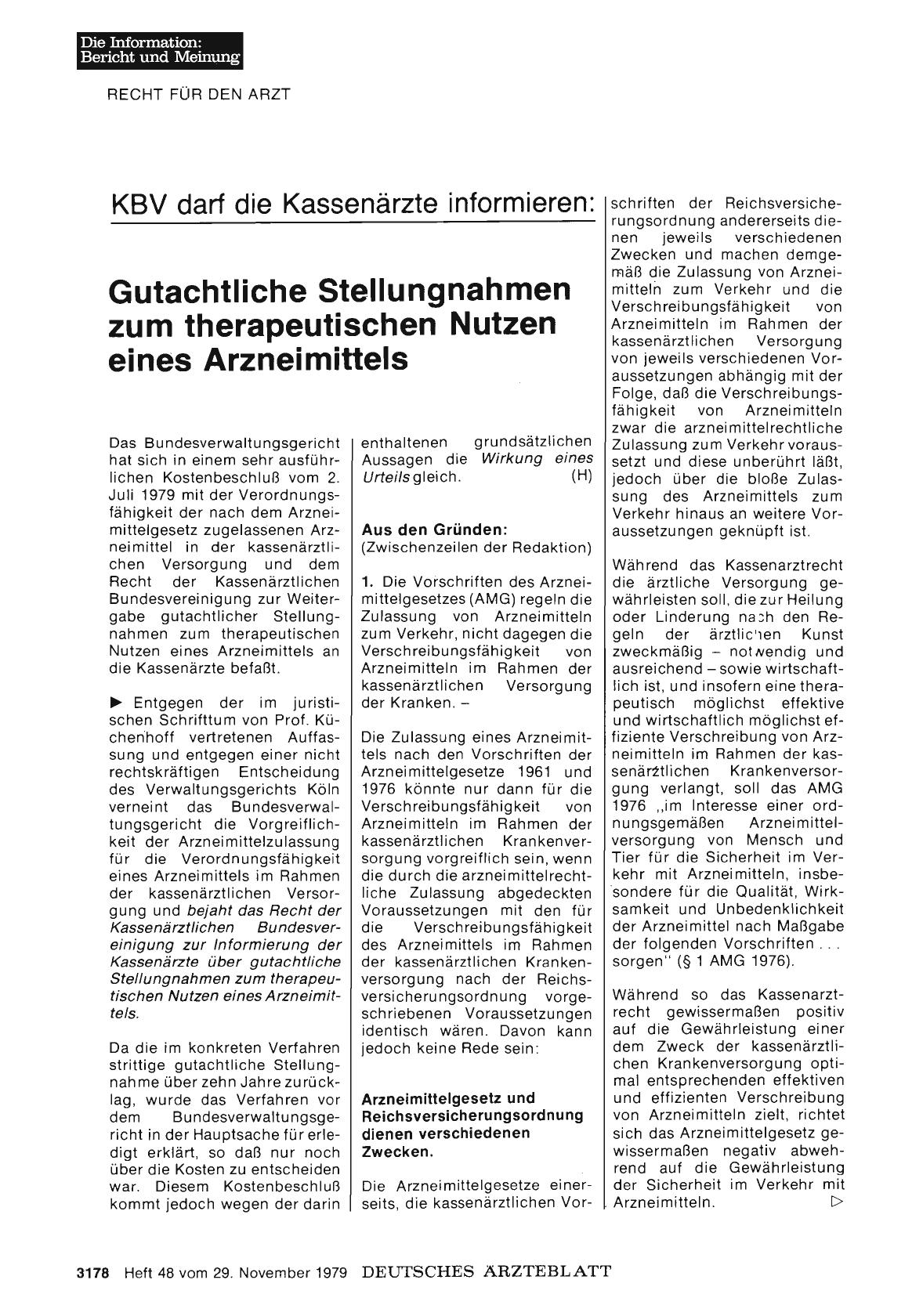 Vorschauseite 1: KBV darf die Kassenärzte informieren: Gutachtliche Stellungnahmen zum therapeutischen Nutzen eines Arzneimittels
