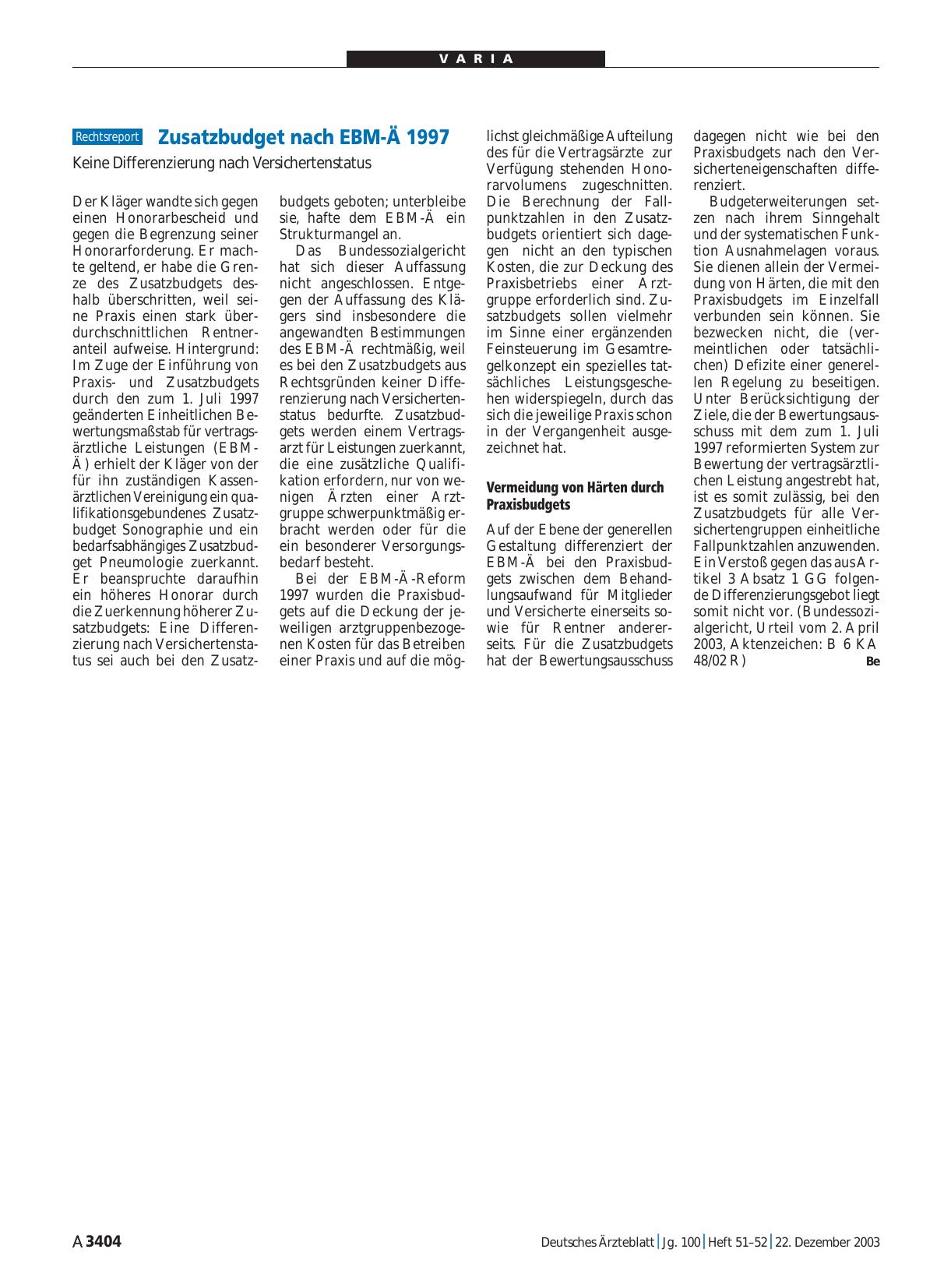 Vorschauseite 1: Zusatzbudget nach EBM-Ä 1997: Keine Differenzierung nach Versichertenstatus