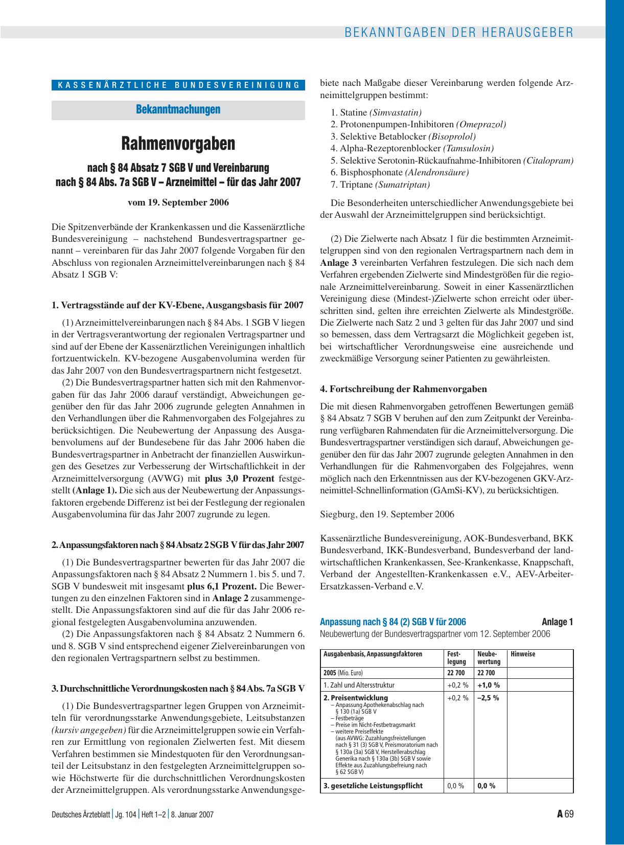 Vorschauseite 1: Bekanntmachungen: Rahmenvorgaben nach § 84 Absatz 7 SGB V und Vereinbarung nach § 84 Abs. 7a SGB V – Arzneimittel – für das Jahr 2007 vom 19. September 2006