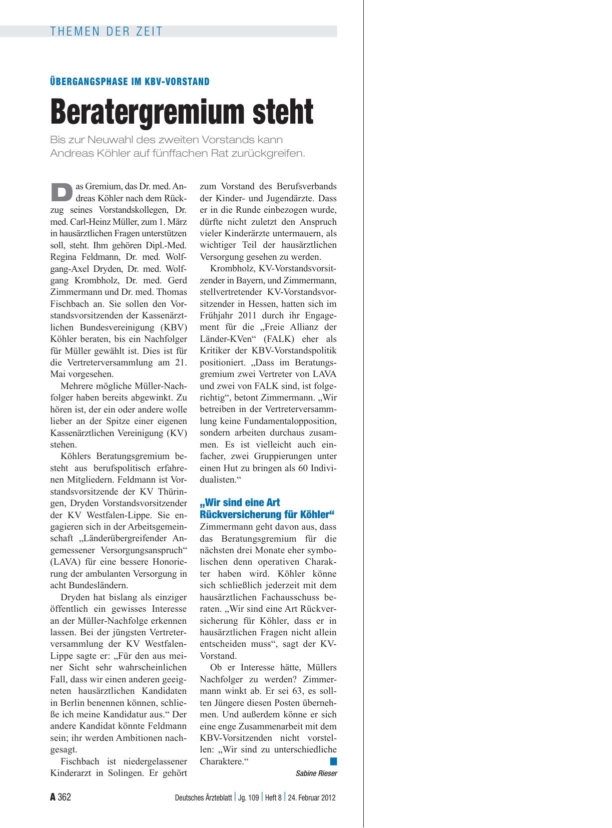 Vorschauseite 1: Übergangsphase im KBV-Vorstand: Beratergremium steht
