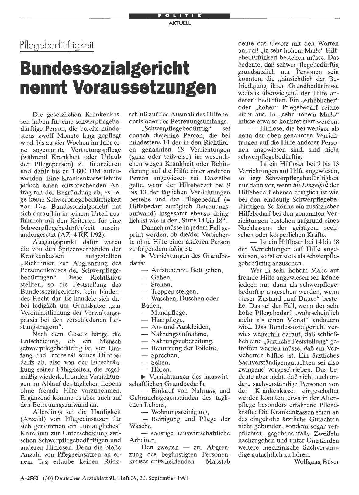 Vorschauseite 1: Pflegebedürftigkeit: Bundessozialgericht nennt Voraussetzungen