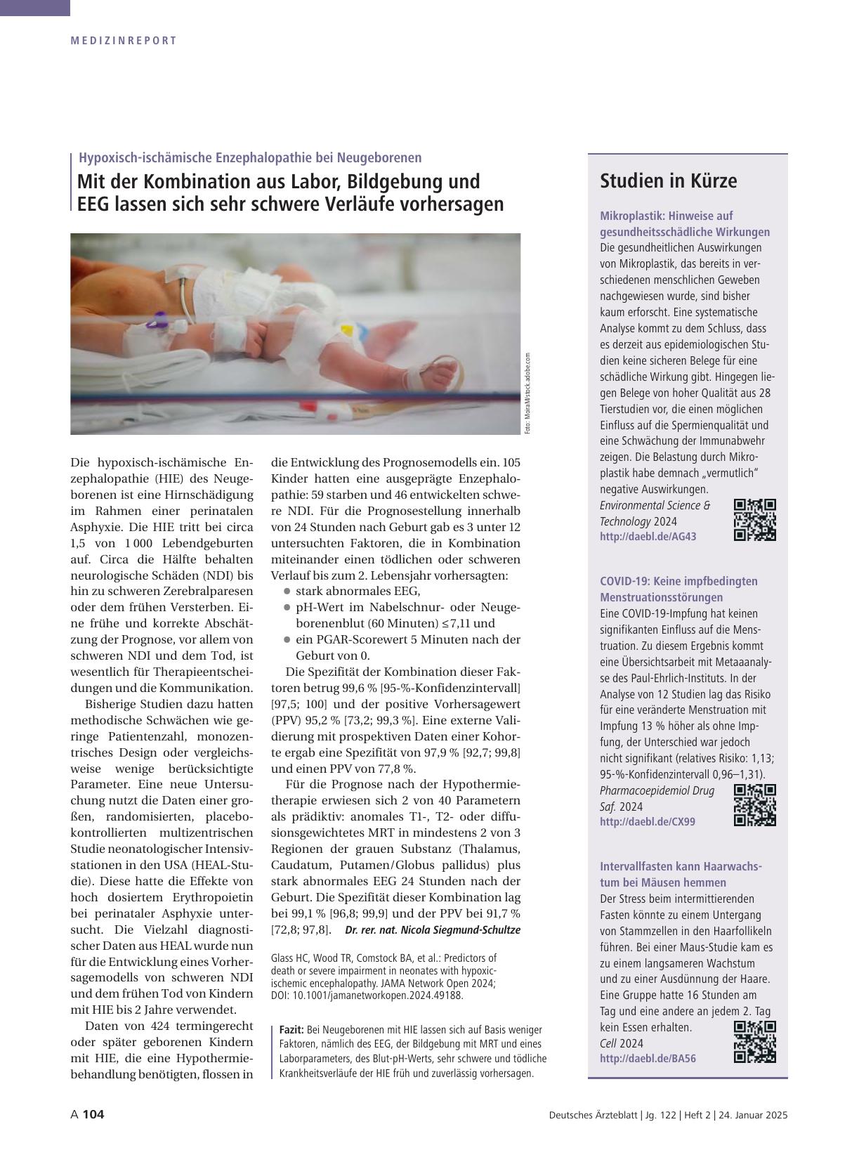 Vorschauseite 1: Hypoxisch-ischämische Enzephalopathie bei Neugeborenen: Mit der Kombination aus Labor, Bildgebung und EEG lassen sich sehr schwere Verläufe vorhersagen.