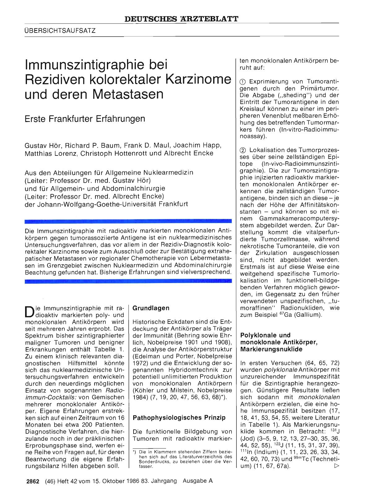 Vorschauseite 1: Immunszintigraphie bei Rezidiven kolorektaler Karzinome und deren Metastasen: Erste Frankfurter Erfahrungen