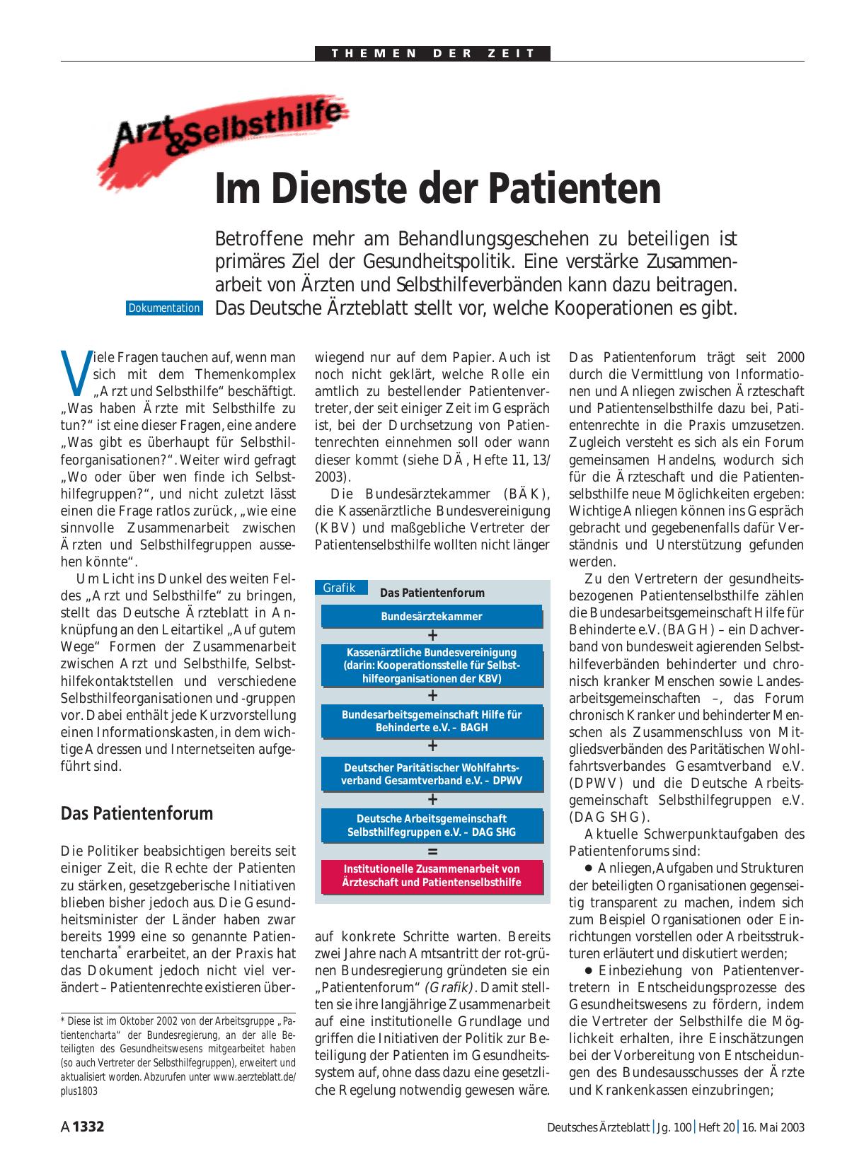 Vorschauseite 1: Arzt & Selbsthilfe: Im Dienste der Patienten