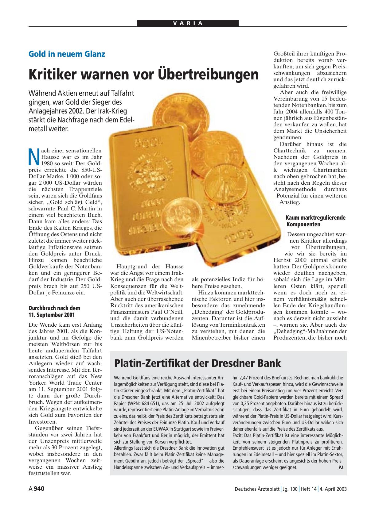 Vorschauseite 1: Platin-Zertifikat der Dresdner Bank