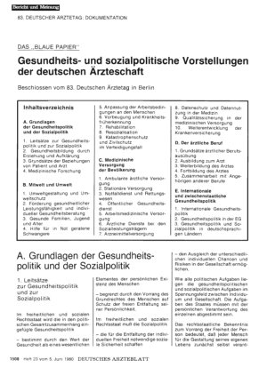 Vorschauseite 1: DAS „BLAUE PAPIER“: Gesundheitsund sozialpolitische Vorstellungen der deutschen Ärzteschaft: Beschlossen vom 83. Deutschen Ärztetag in Berlin