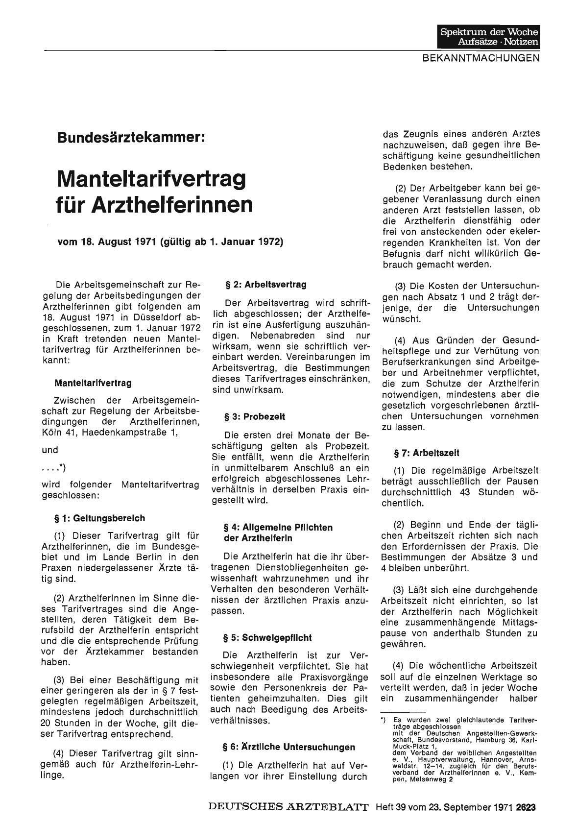Vorschauseite 1: Bundesärztekammer: Manteltarifvertrag für Arzthelferinnen