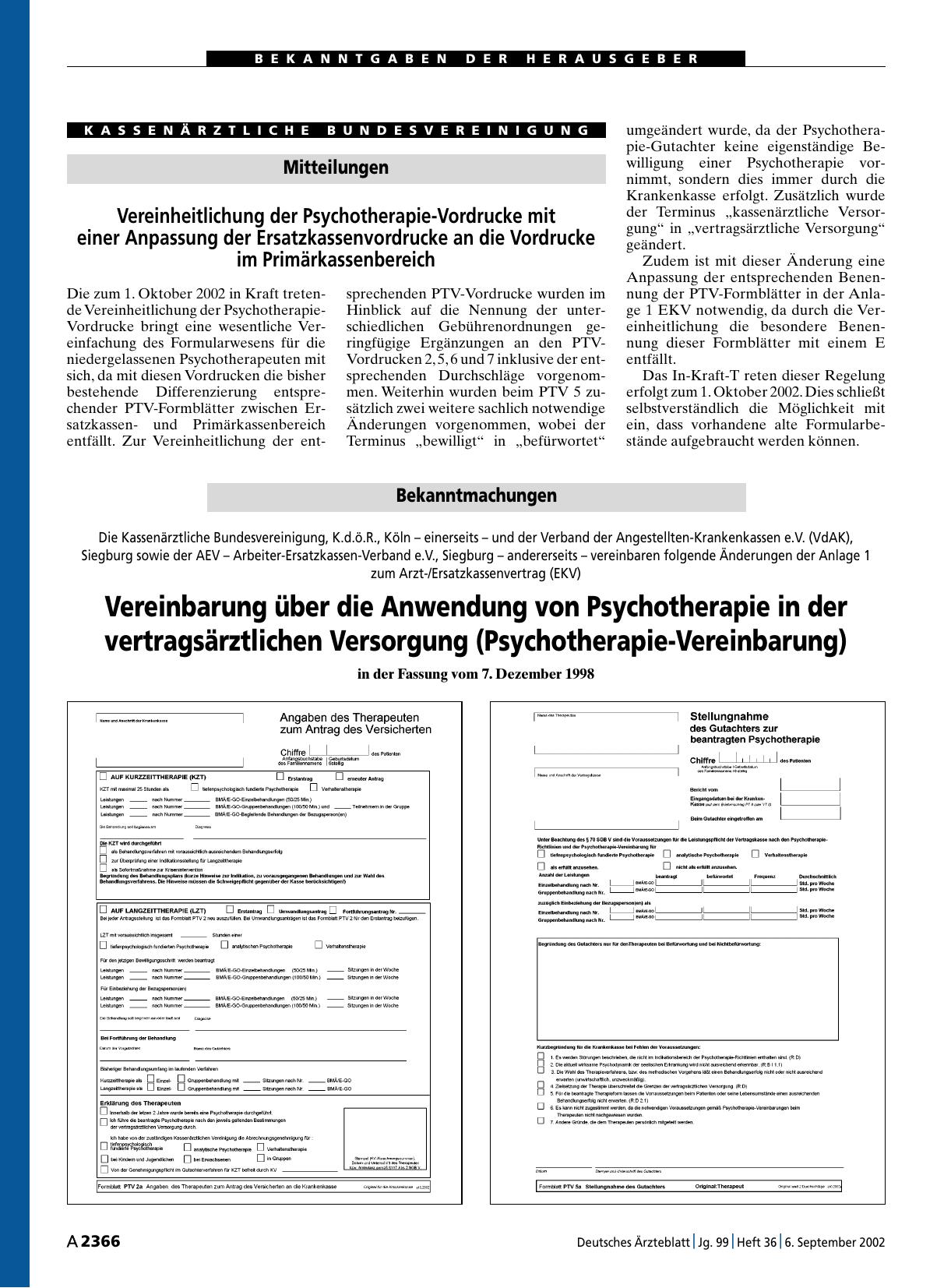 Vorschauseite 1: Bekanntmachungen: Vereinbarung über die Anwendung von Psychotherapie in der vertragsärztlichen Versorgung (Psychotherapie-Vereinbarung) in der Fassung vom 7. Dezember 1998