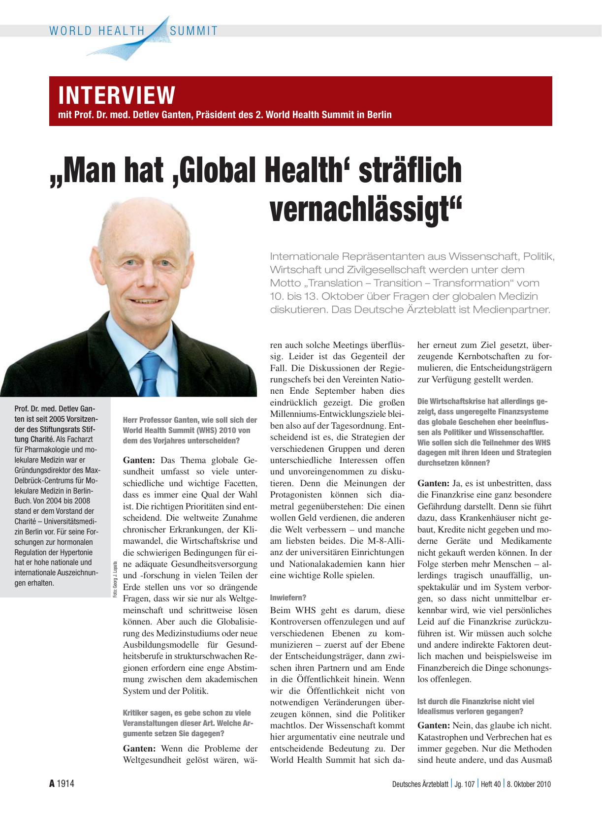 Vorschauseite 1: Interview mit Prof. Dr. med. Detlev Ganten, Präsident des 2. World Health Summit in Berlin „Man hat ,Global Health‘ sträflich vernachlässigt“