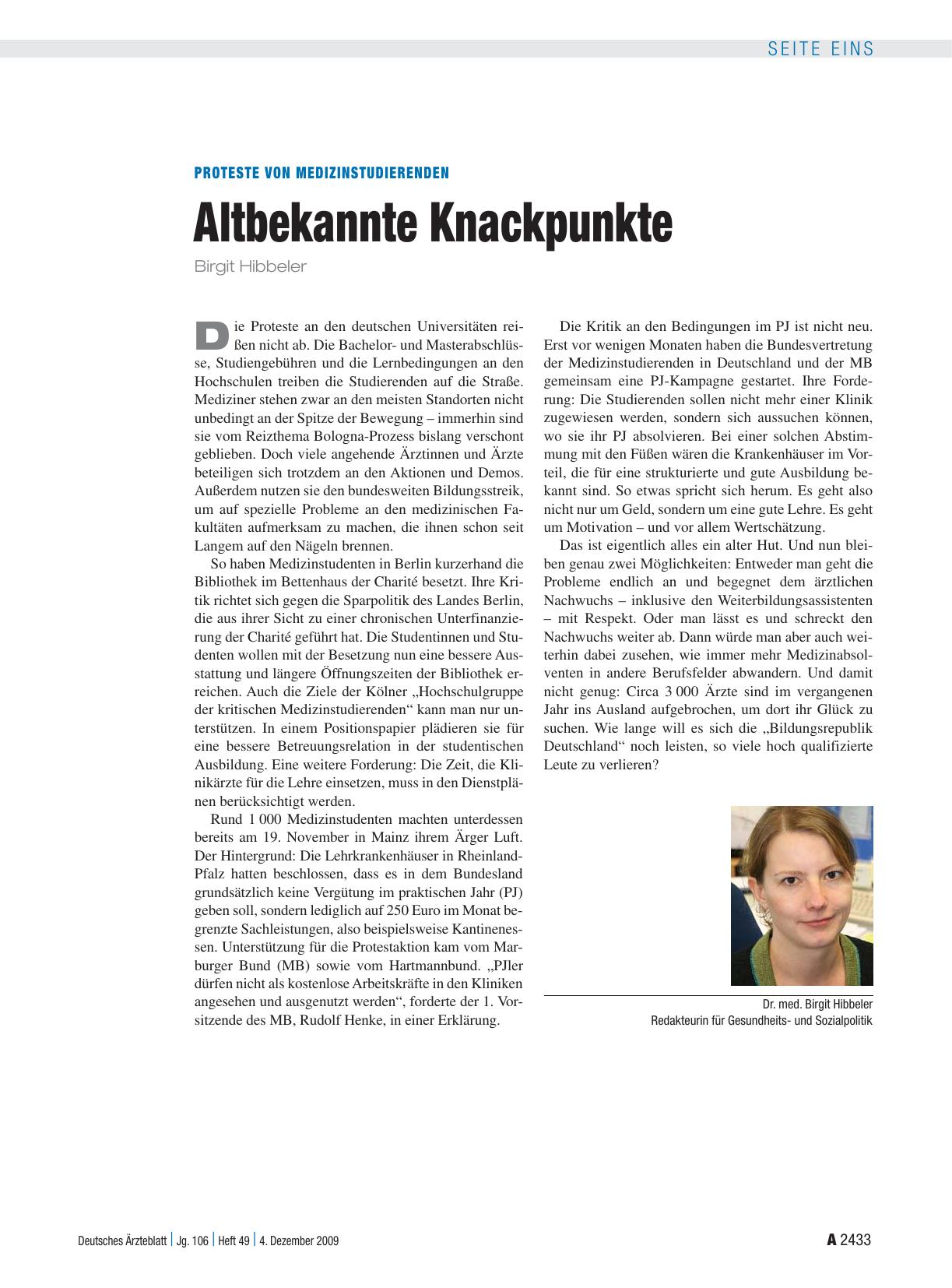 Vorschauseite 1: Proteste von Medizinstudierenden: Altbekannte Knackpunkte